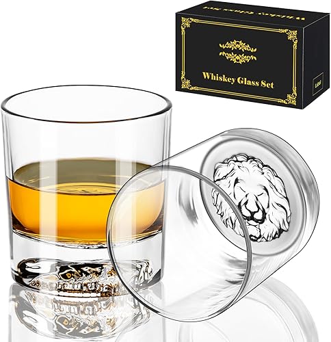 PARACITY Vasos de whisky, fondo grueso con patrón de león, vasos antiguos de 10.6 onzas para whisky, ginebra, vodka, vasos de whisky, juego de 2,
