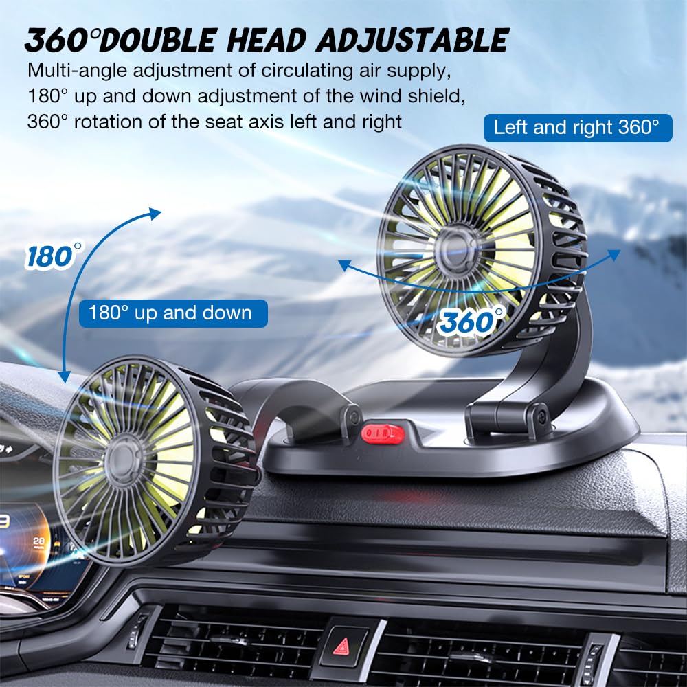 Ventilateurs Voiture,Double Tête 12V Ventilateur Auto Rotatif à 360 Degrés avec Double Ventilateurs à 2 Vitesses Adapté Avec Allume-cigare pour Voitures Camping Car