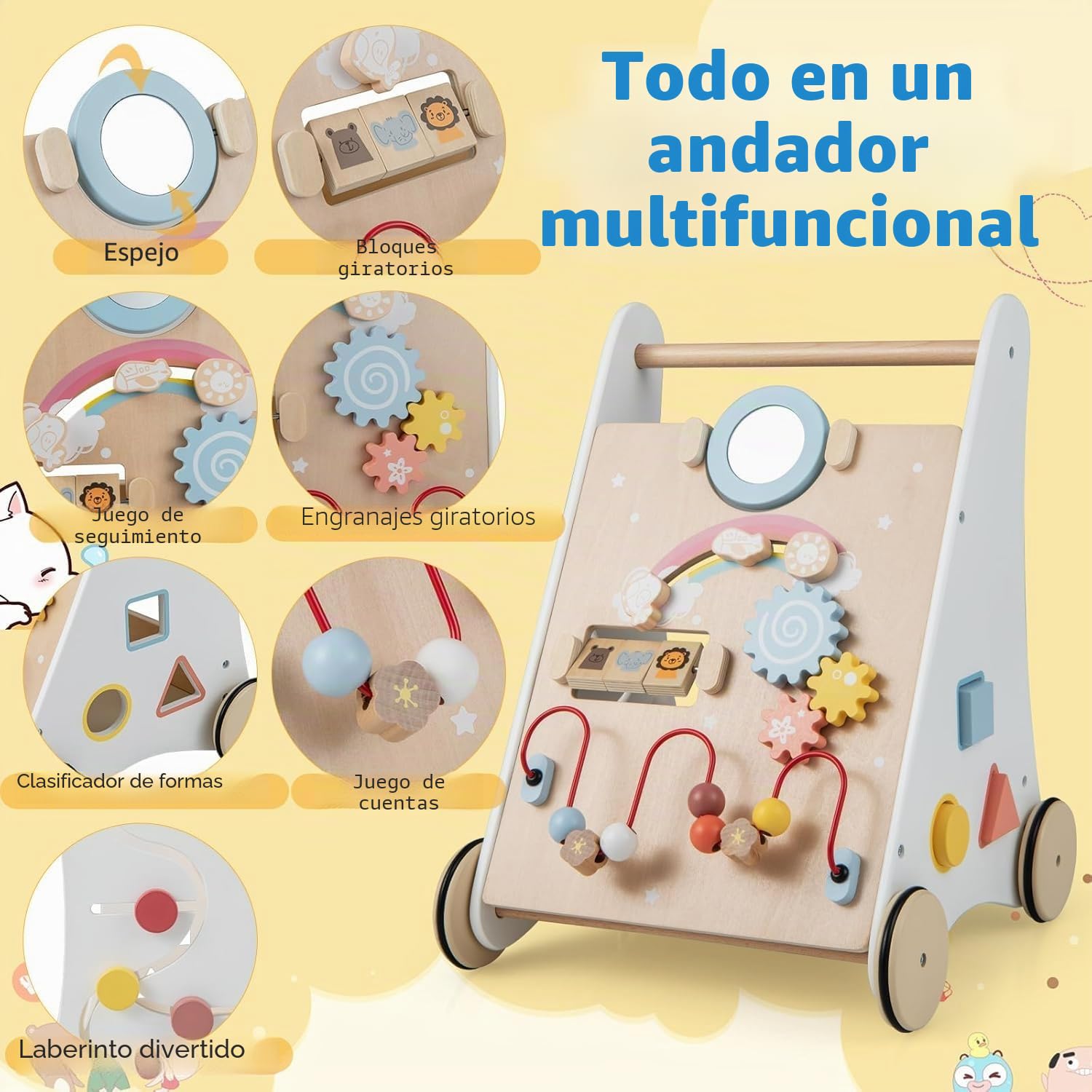 FANTASK Andador 7 en 1 de Madera, con Caja de Almacenamiento, Color Blanco, con Tablero de Juego, Espejo y Bloques de construcción, para bebés a Partir de 1 año
