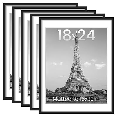 upsimples 18x24 Picture Frame Set of 5, Display Pictures 16x20 with Mat or 18 x 24 Without, Wall Gallery Poster Frames, Black