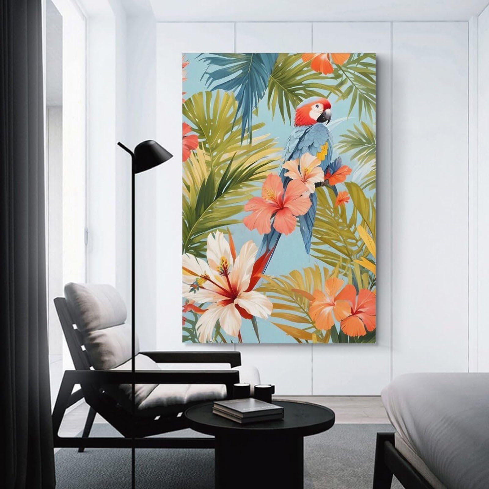 Junmoney Macaw Tropical Solitude Room Decor Wall Art, 24x36inch(60x90cm), for Home Office, Desk Area Or Studio, An Interior Accent for Desk Areas