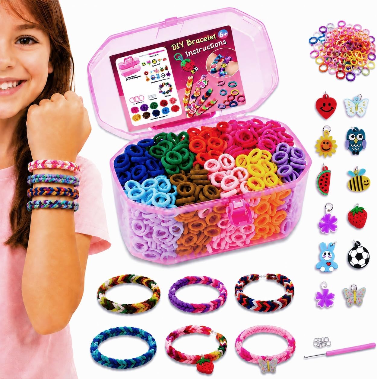 FunzBo Kit Braccialetti Fai da Te con 1000 Elastici in Cotone Morbido, Set Creativo Bambina per Creare Gioielli e Accessori Capelli, Regalo Compleanno Bambini e Giochi Creativi 6-12 Anni