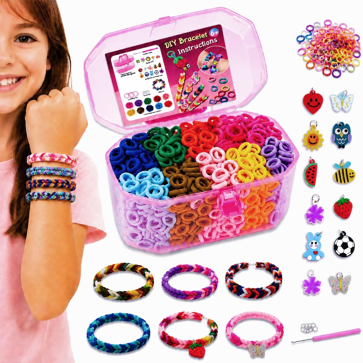 FunzBo Kit Braccialetti Fai da Te con 1000 Elastici in Cotone Morbido, Set Creativo Bambina per Creare Gioielli e Accessori Capelli, Regalo Compleanno Bambini e Giochi Creativi 6-12 Anni