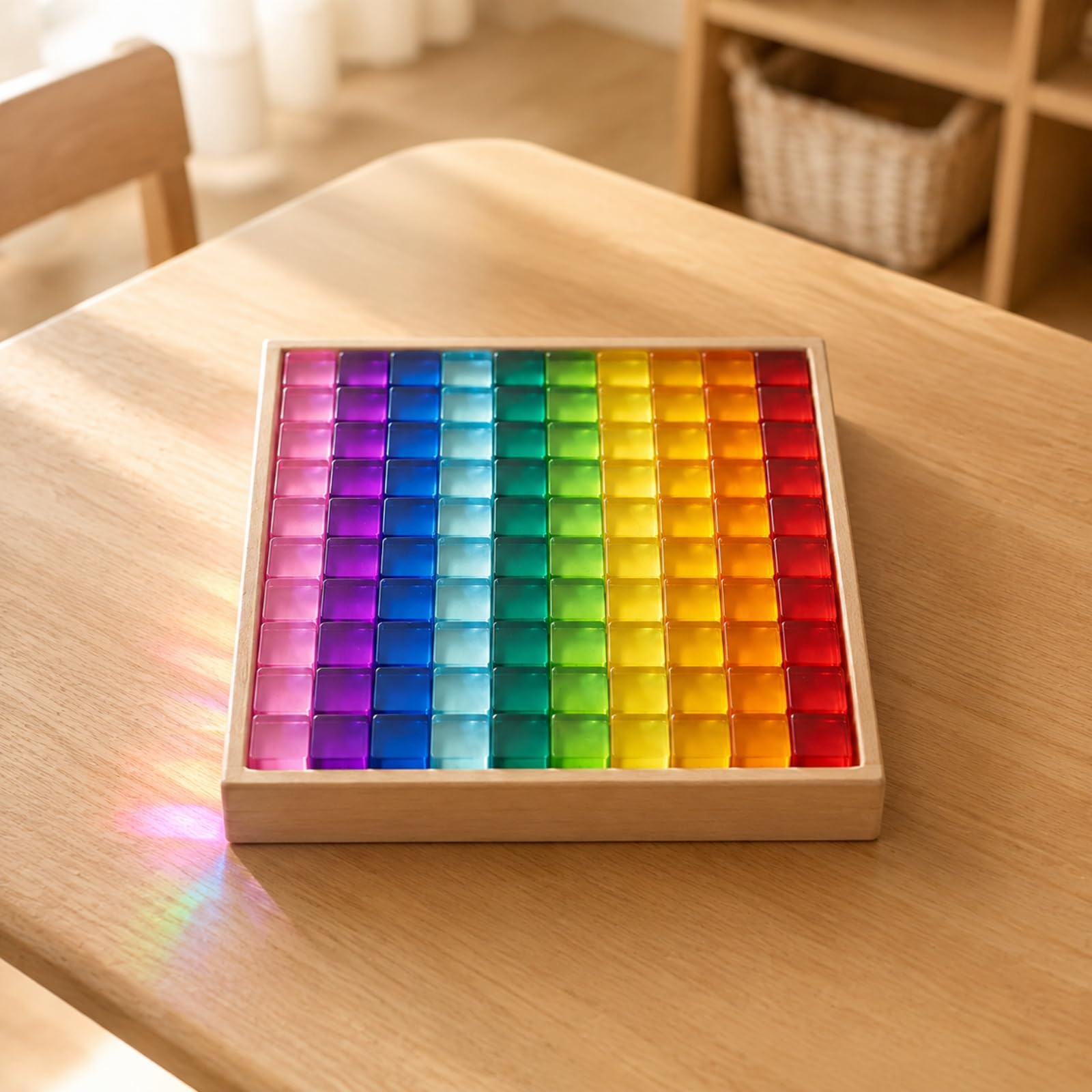 100 Pezzi Blocchi di Costru Resina Tras Cubetti Lisci Multicolori con Tray in Legno per Giocattoli per Costruire Modelli E Sequenze