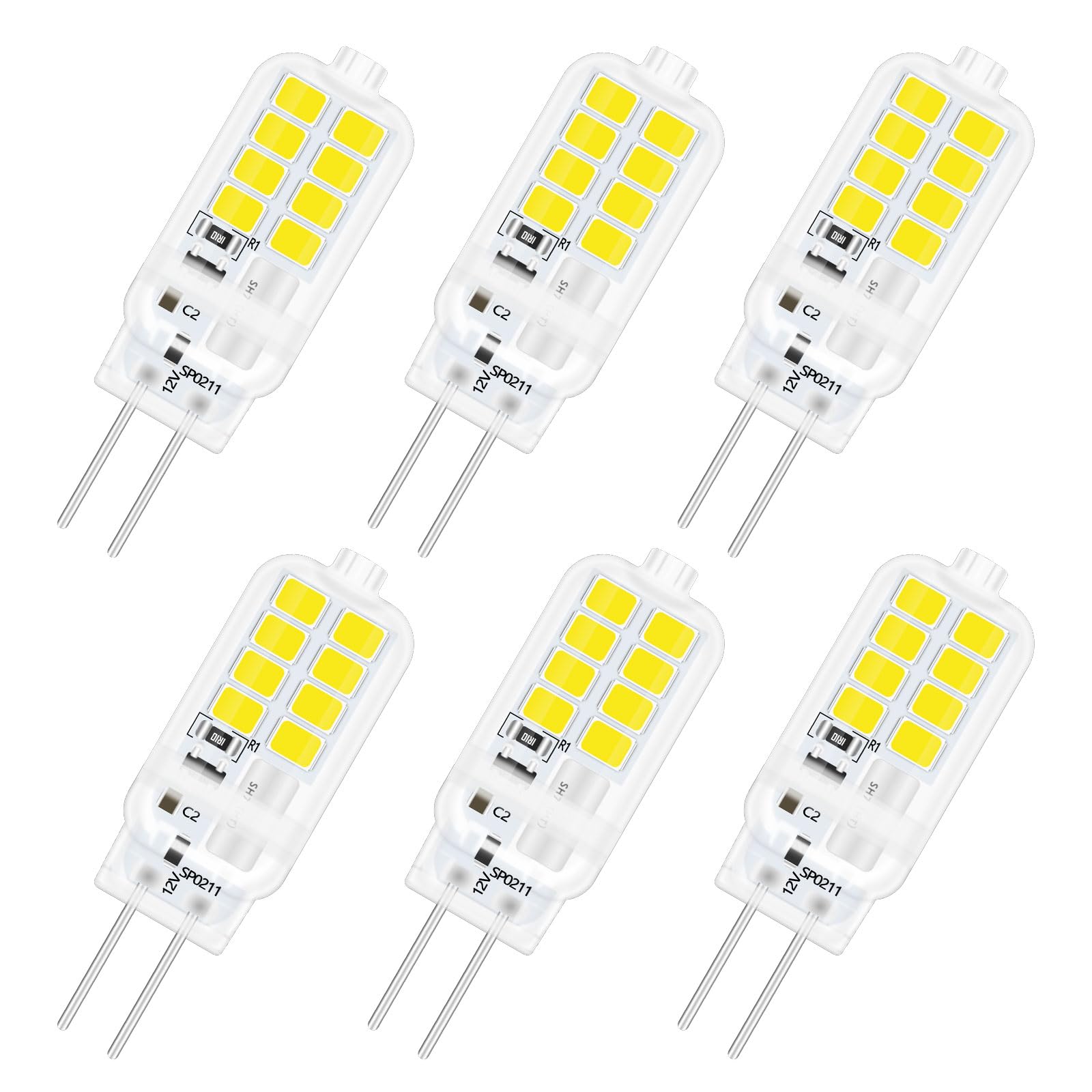 SCNNC G4 Bi Pin LED Bulb 3W 12V, 16xSMD 300LM Cool White 6000K, Not Dimmable, 2 5W Halogen Equivalent, LED G4 Capsule Bulb for Chandelier, Landscape Lighting, Bedroom, Pack of 6