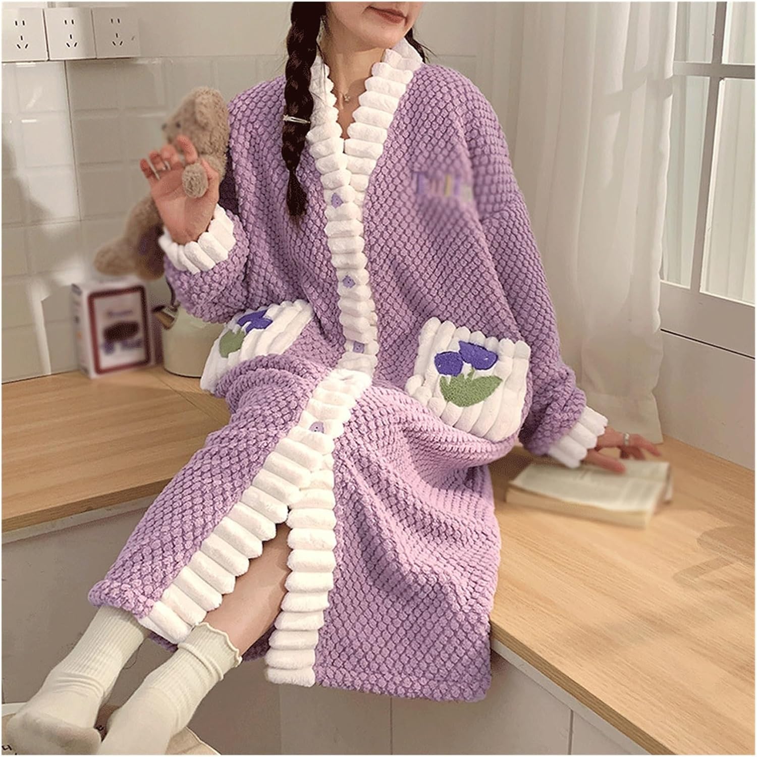 JSEIAJB Winter Women's Plush Sleepwear Coral Plush Thickened Nightwear Home(X-Large)