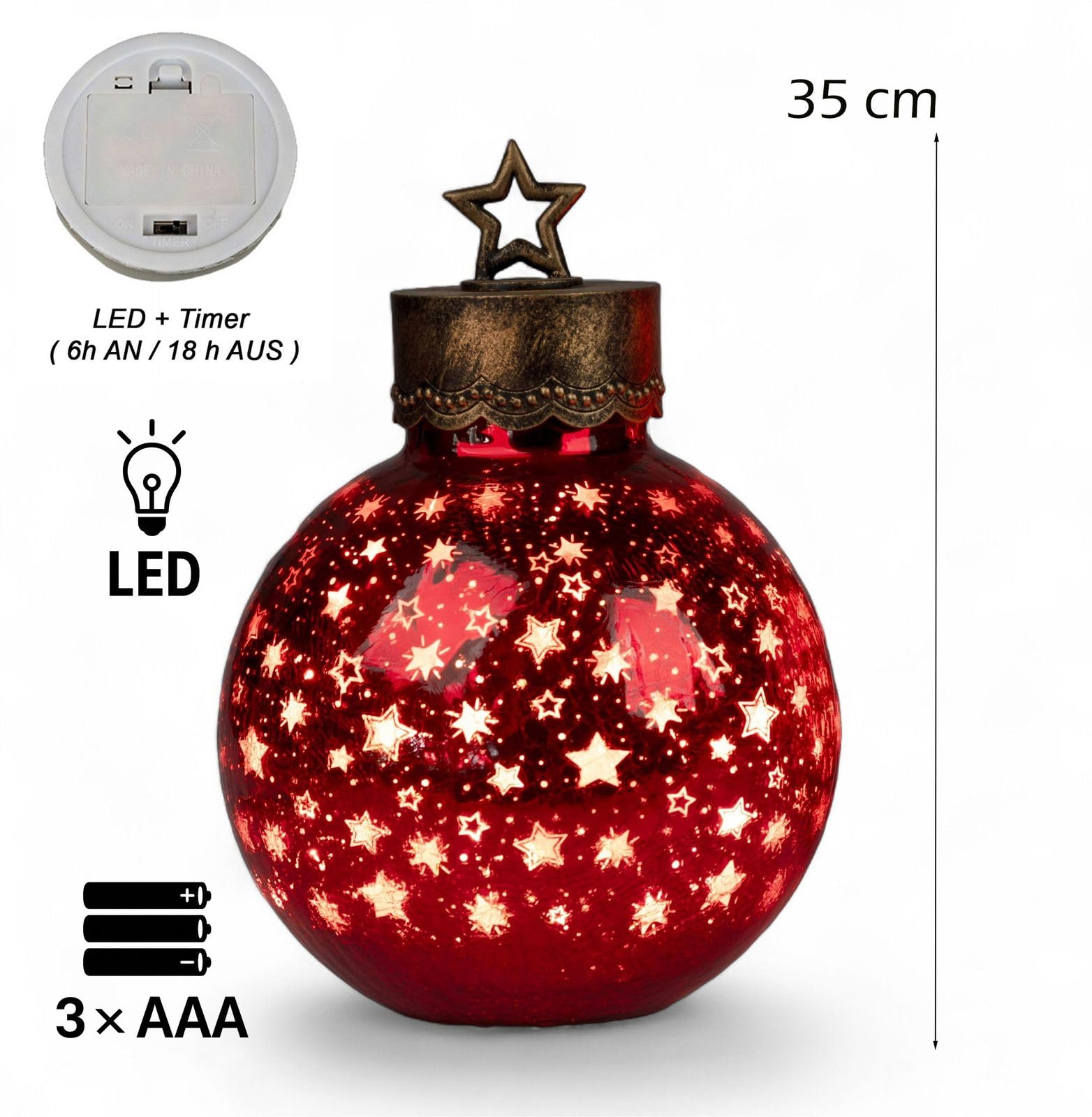 formano XXL LED Dekoracyjna kula 35 cm Gwiazdy Czerwone Szklana kula Timer 6h / 18h podświetlana - zasilana bateriami - dekoracja jesienna, zimowa, bożonarodzeniowa na stół, półkę, parapet