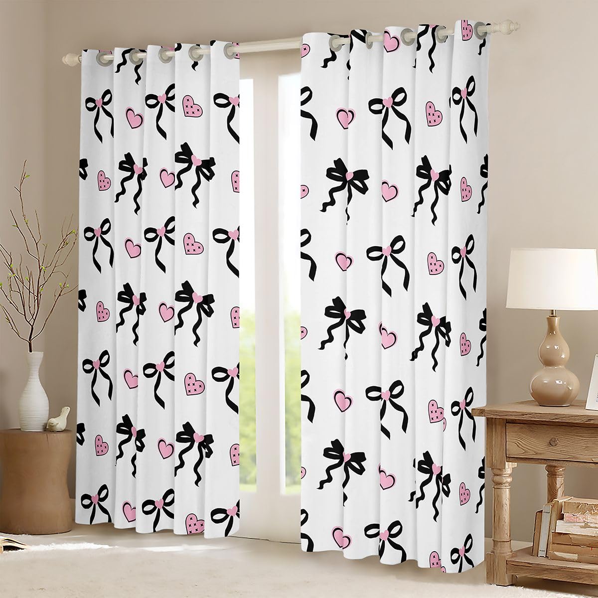 Homewish Kokarda księżniczki czarno-różowe urocze zasłony okienne 168 x 183 cm, 2 zestawy paneli – miłosne serca zasłony zaciemniające kokarda kawaii zasłony okienne marzycielskie do sypialni