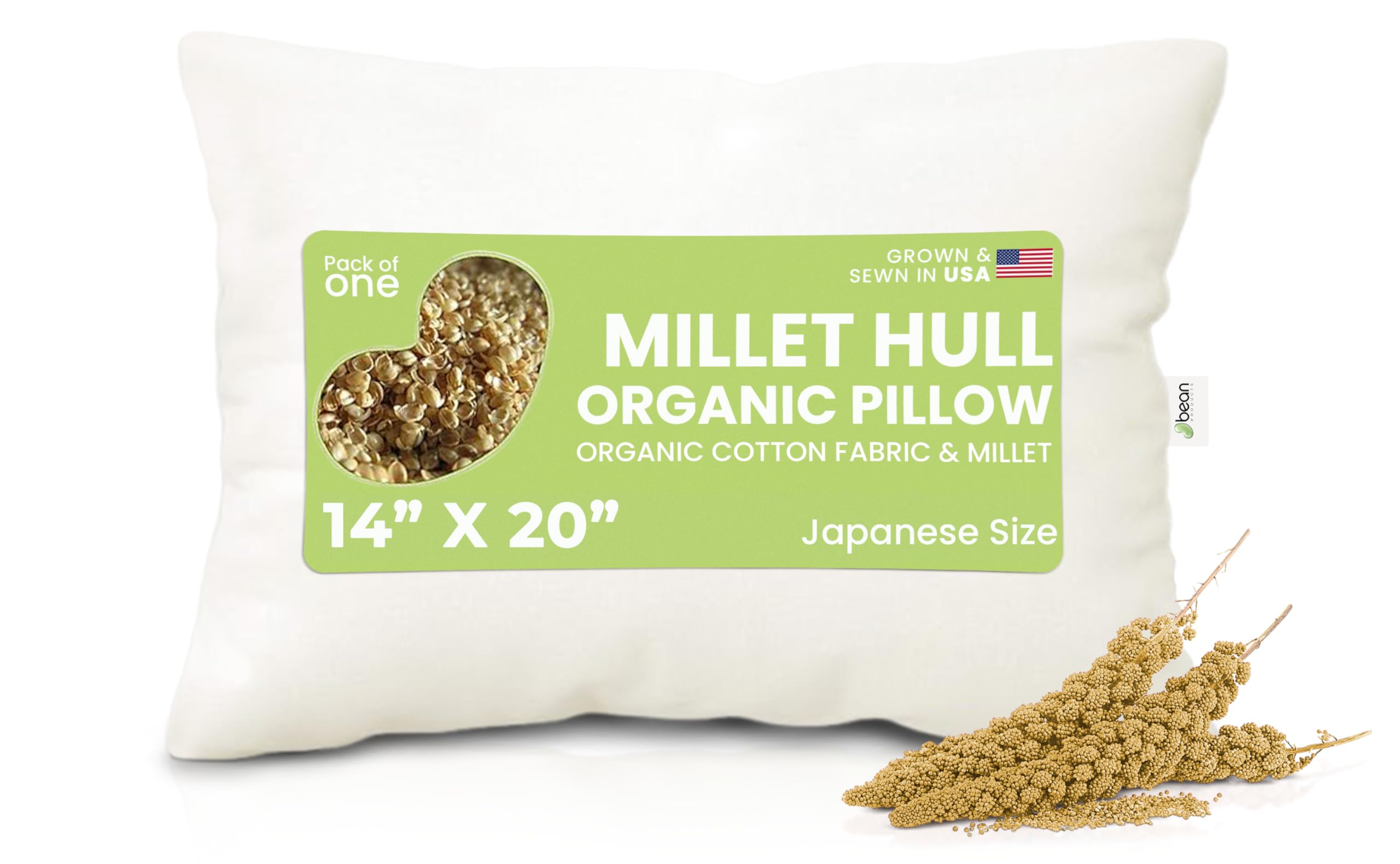 Bean Products 14" x 20" Japanese Bed Pillow for Sleeping – Organic Millet Fill with Organic Cotton Fabric, Soft Head Pillow – Eco-Friendly, Breathable, and Durable Sleep Aid, Made in The USA