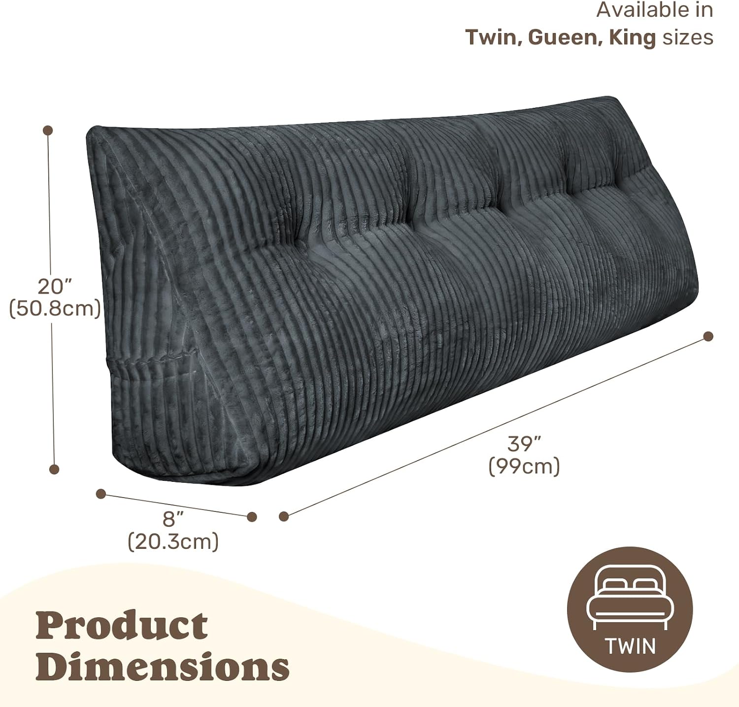 Deodar Headboard Pillow Twin, Wedge Pillows Headboard Triangle Reading Back Pillow with Removable Cover for Dorm Gaming Sleeping TV, Grey