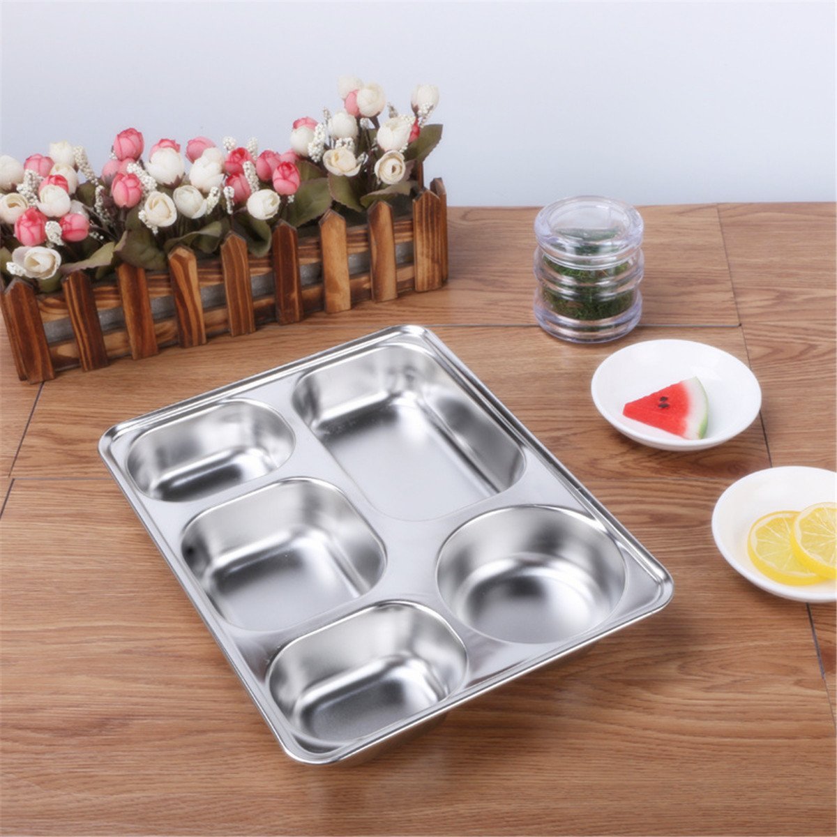 RanDal En Acier Inoxydable Alimentaire Service Plateau Cantine Cafétéria Divisé Lunch Box Bento Container Avec Couvercle