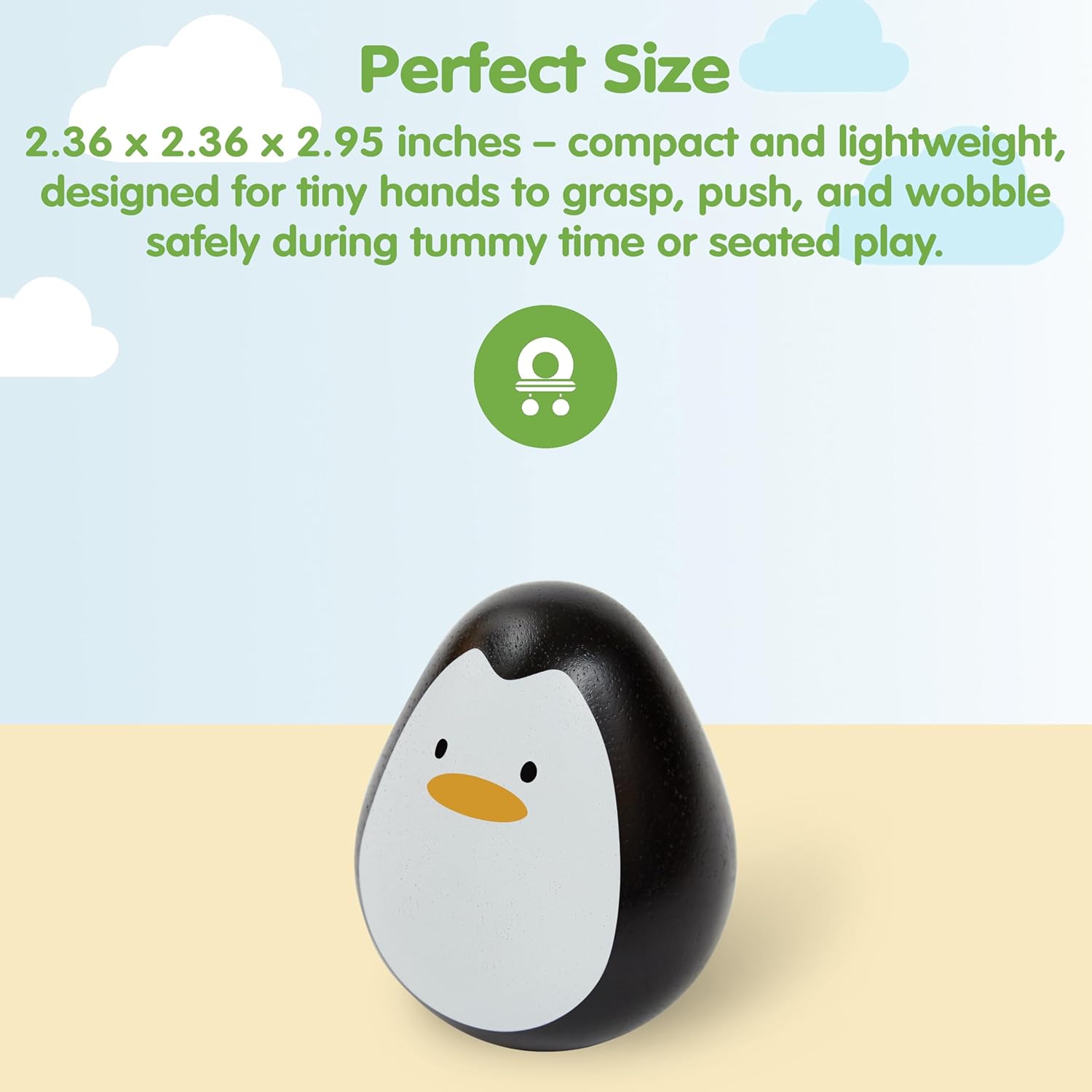 PlanToys® Penguin Wobbler Montessori Wooden Baby Sensory Toy for Tummy Time | Cause & Effect Developmental Toy for Babies 6+ Months image 2
