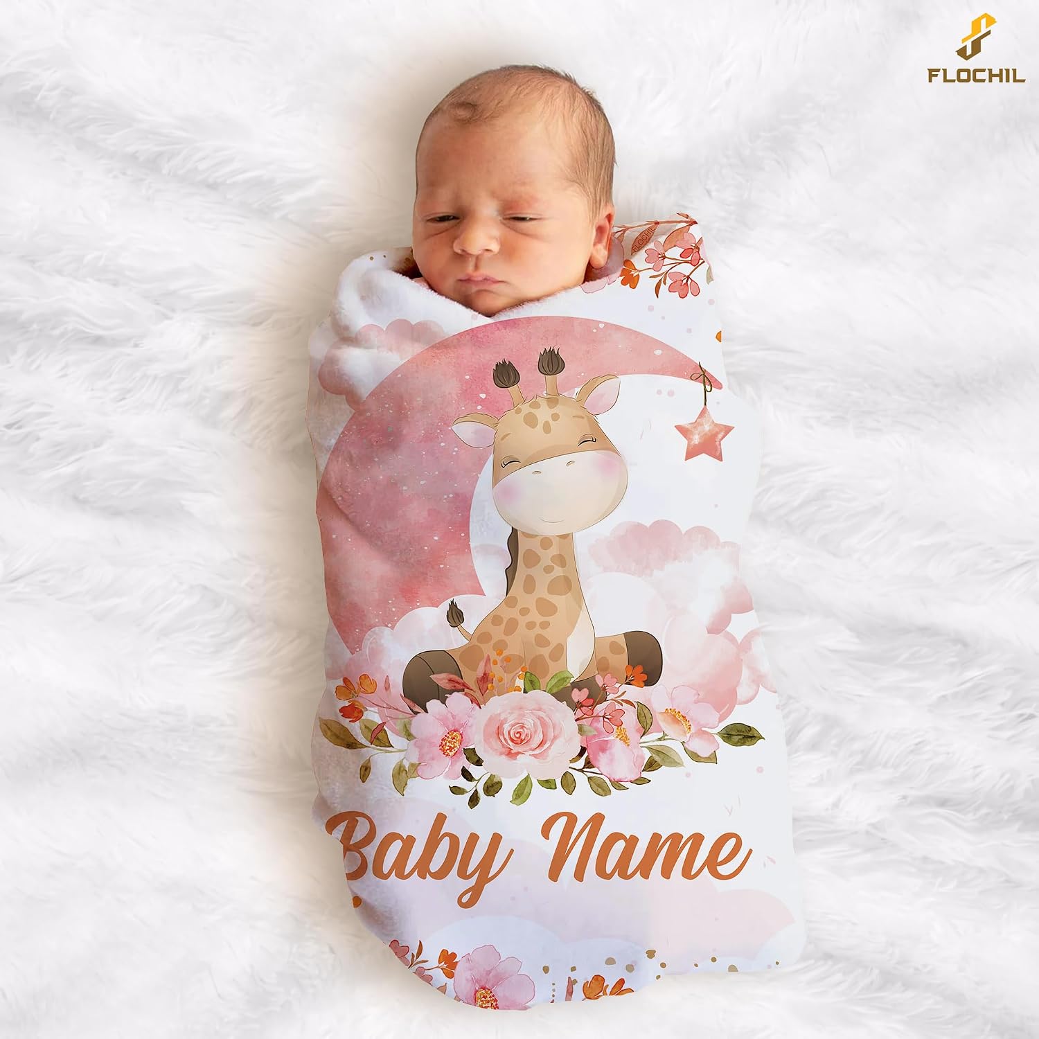 FLOCHIL Personalized Baby Blanket for Girls, Custom Baby Blanket with Name, Customized Giraffe Baby Blanket, Gift for Baby Shower, Toddler, Babies, Newborn