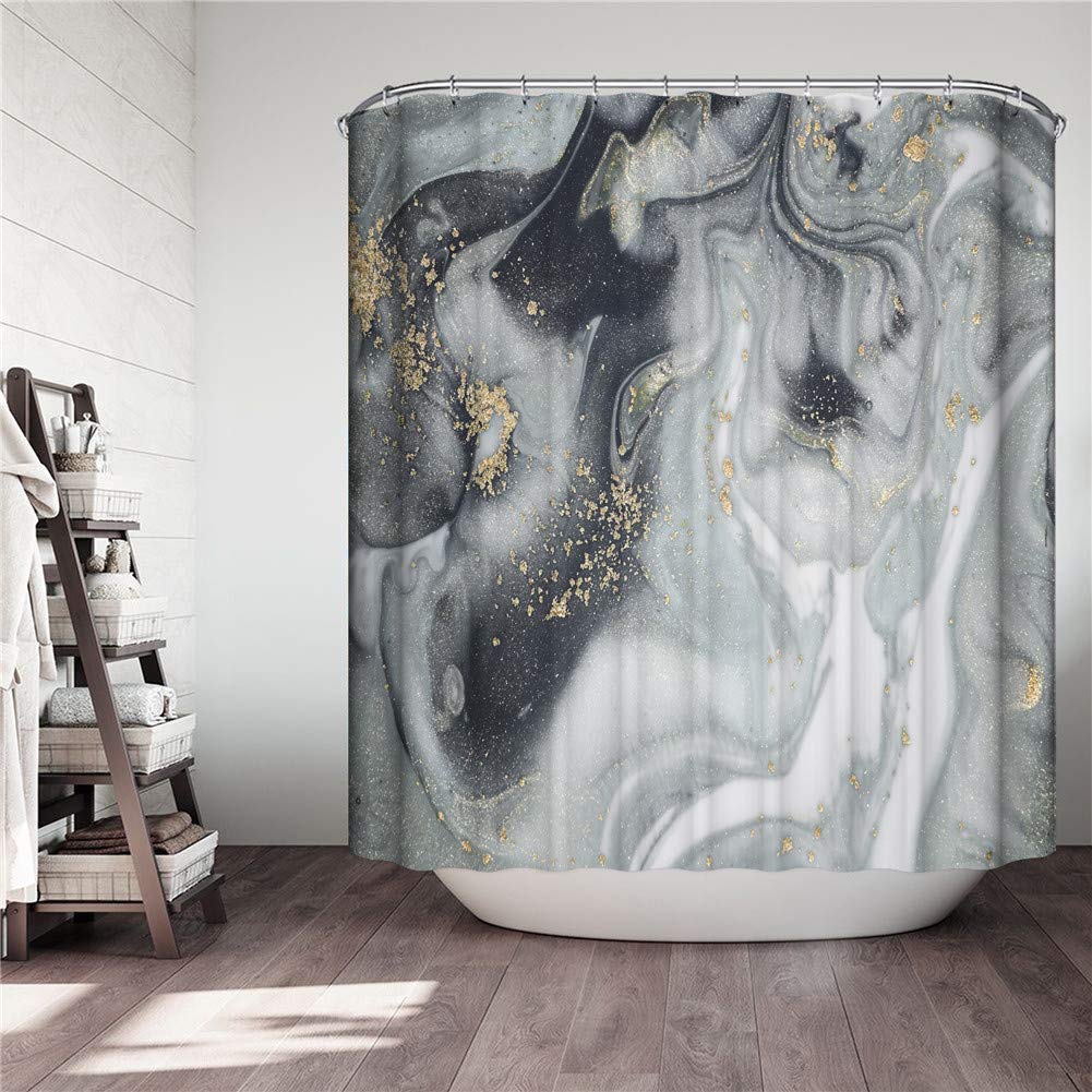 Chickwin Shower Curtains Mould Proof Resistant Washable, Polyester Waterproof 3D Marble Print Bath Curtain with 12 Hooks Dry Quickly Shower Liner for Bathroom Decorative (Black,180x180cm)