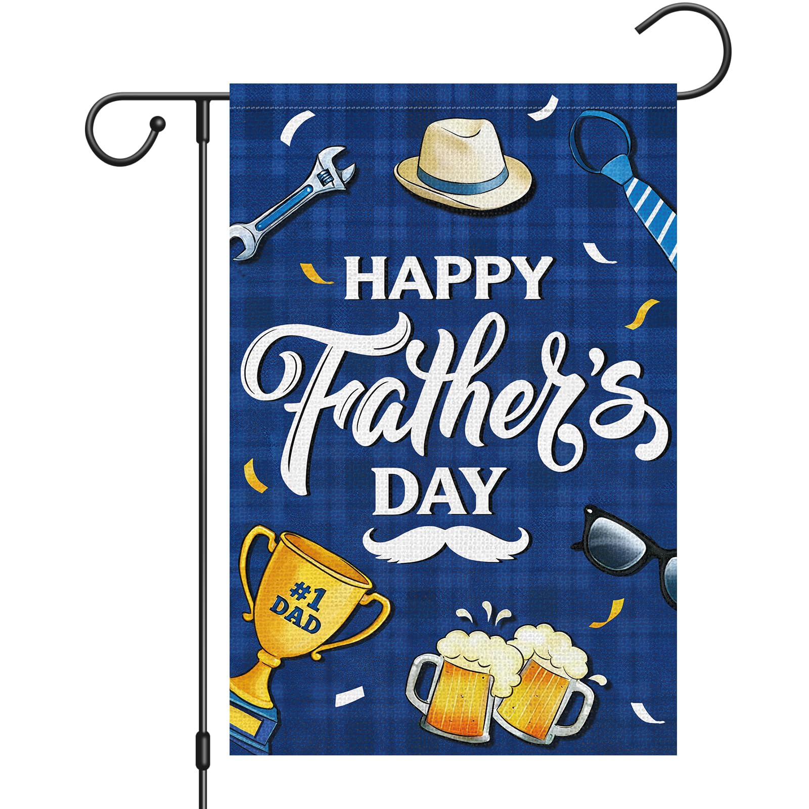 Heyfibro Happy Father's Day #1 Dad Garden Flag 12x18 Double Sided Burlap, with Trophy & Beer Blue Plaid Yard Banner for Best Dad Spring Outside Outdoor House Fathers Day Decoration (ONLY FLAG)