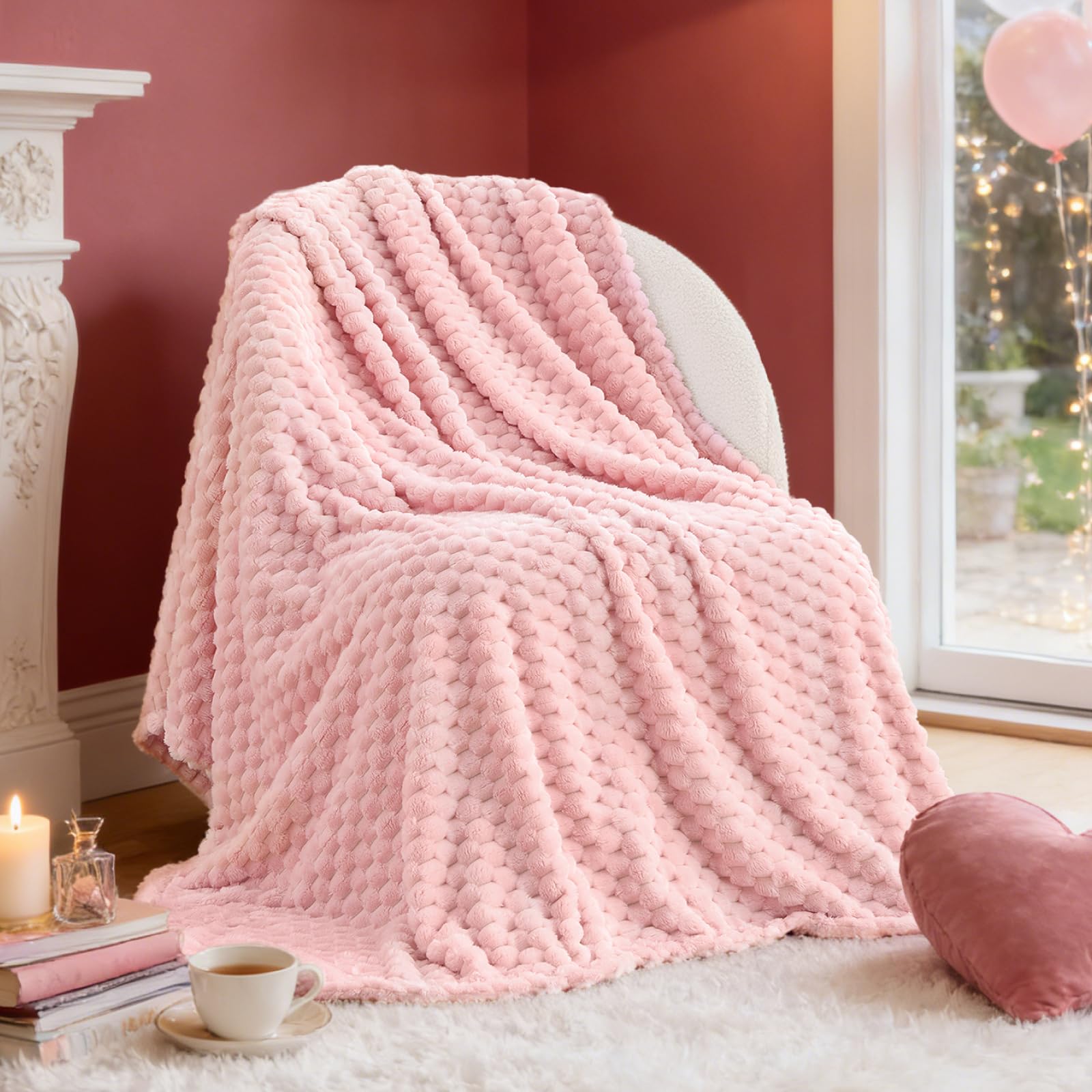 BEDELITE Valentine Day Fleece Decorative Blanket - 3D Jacquard Pink Throw Blankets for Women's Couch & Bed, Soft and Cozy Warm Plush Fluffy Blanket, Cute Birthday Gift for Women, 50x60 Inches