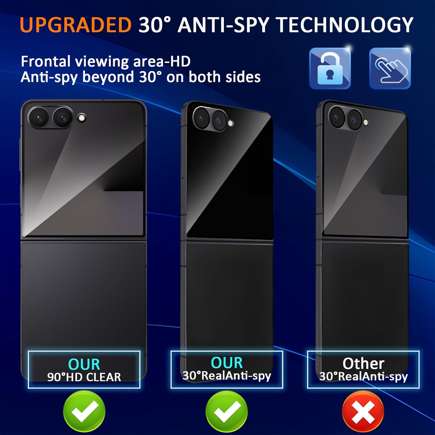 (3+2 Pack) Privacy Screen Protector for Samsung Galaxy Z Flip 7 + Aluminum Metal Circle Camera Lens Protector,Anti-spy,9H Shatterproof, Bubble-Free, Case Friendly for Galaxy Z Flip 7 - Image 7