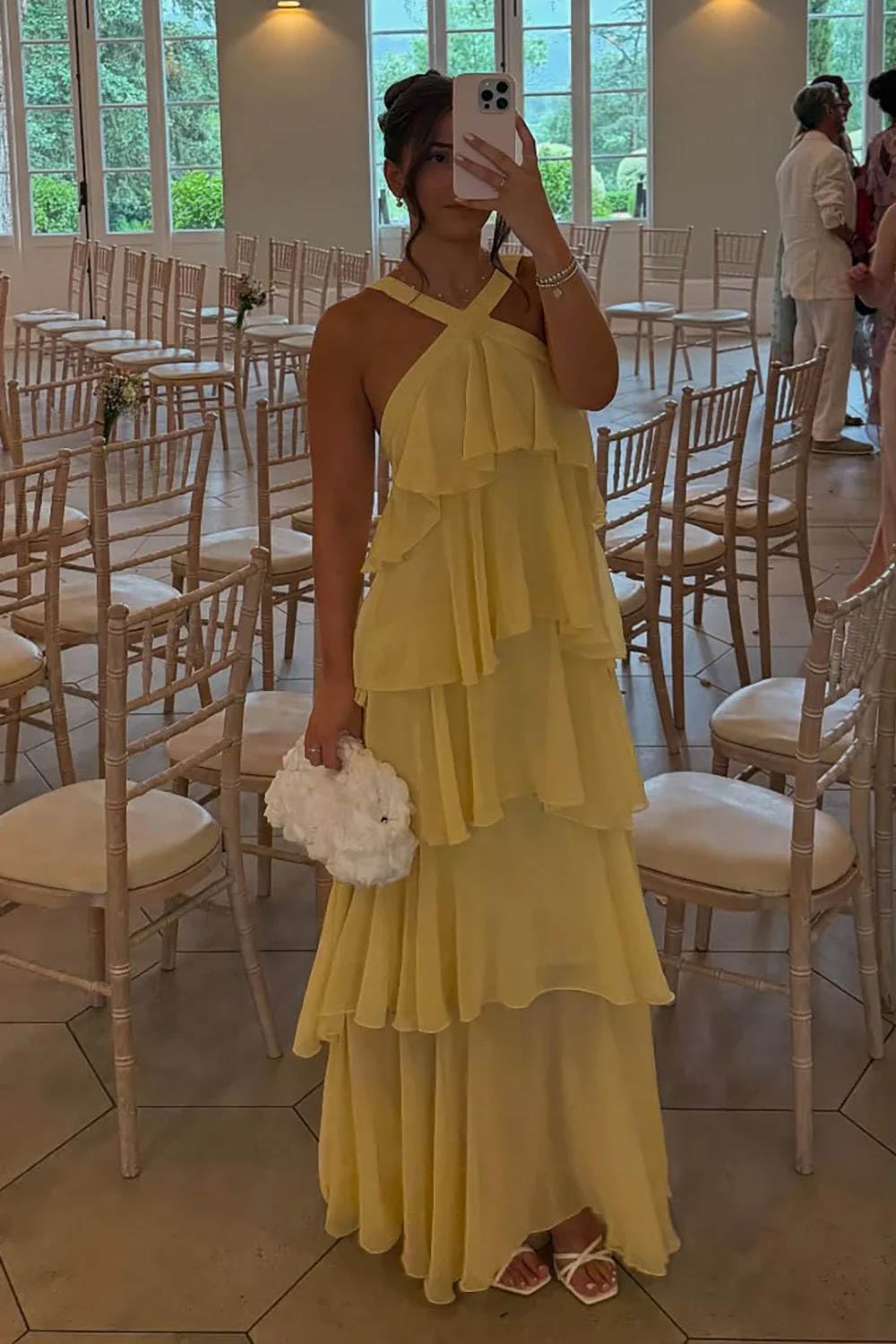 Halter Bridesmaid Dresses for Women Chiffon Tiered Ruffle Long Formal Wedding Guest Dress
