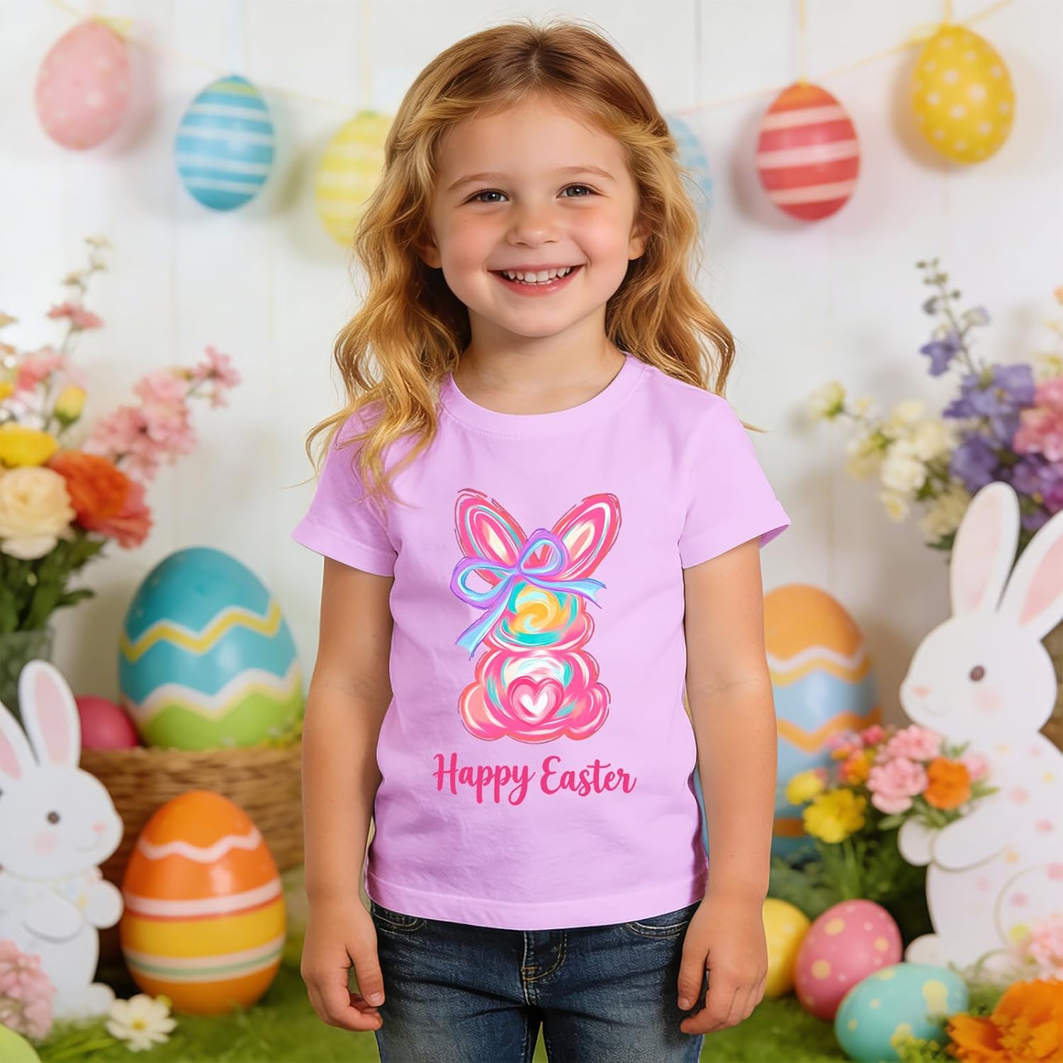 Easter Shirts for Toddler Girls Brushstroke Bow Bunny T-Shirt Baby Happy Easter Tees Outfits Short Sleeve Tops - Image 5