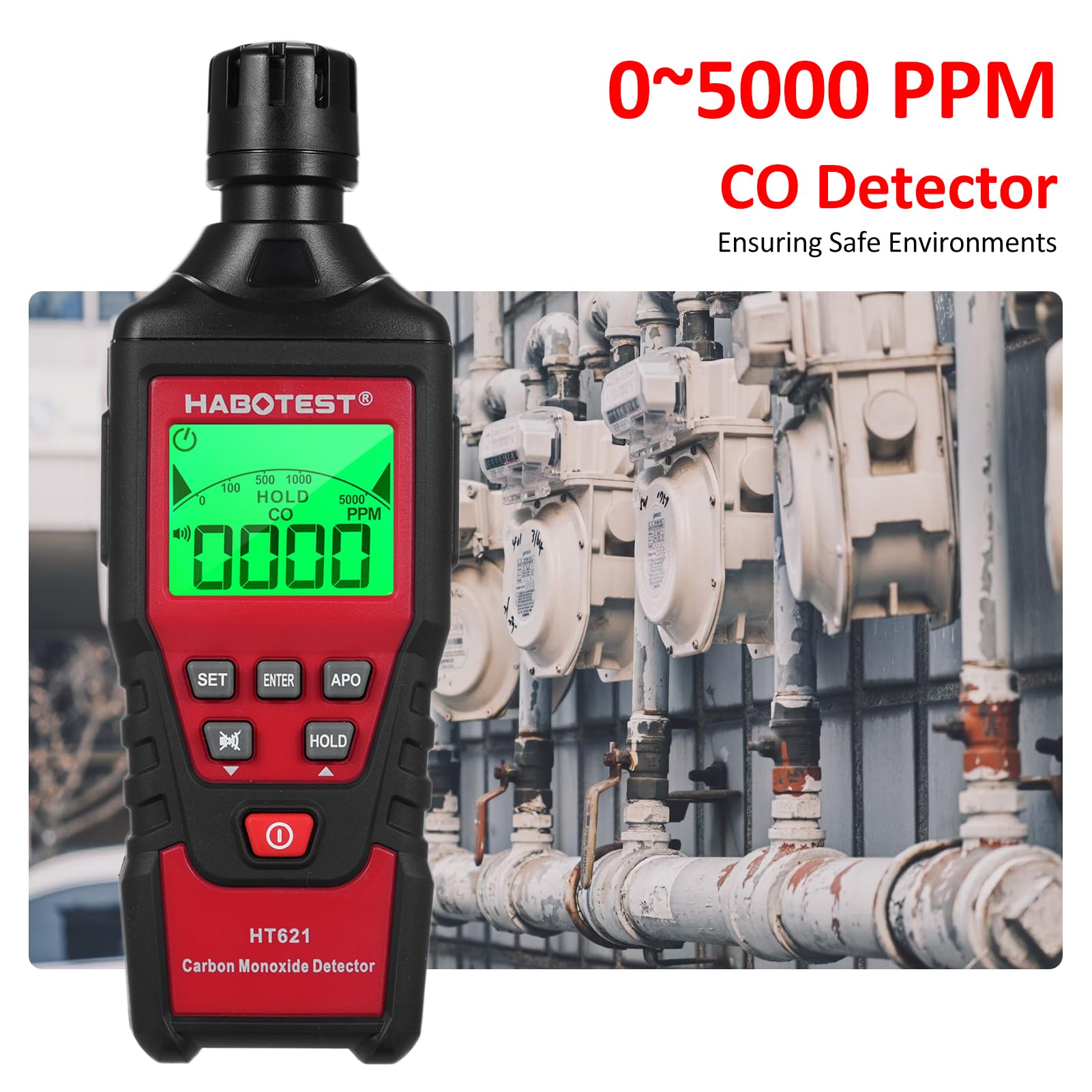 HABOTEST HT621 Detector portátil de monóxido de Carbono - Detector de CO portátil con Sensor electroquímico Rango de 0 a 5000 PPM - Pantalla LCD retroiluminada Alarmas sonoras y