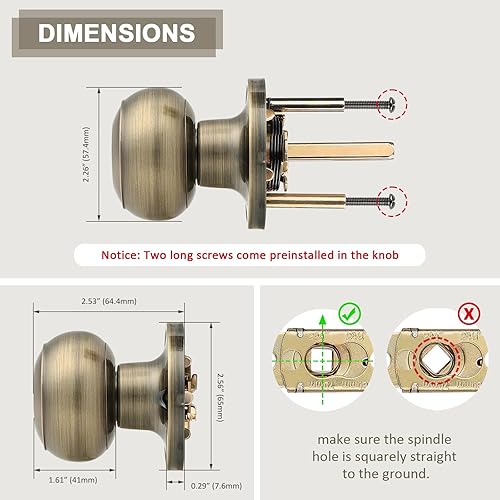Miniatura 5 de Probrico Perillas redondas para puerta, cerradura de paso, latón antiguo para armario, pasillo, manija de paso, cerradura sin llave, paquete de 6