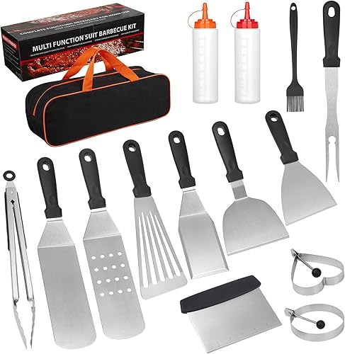 Kit de accesorios de parrilla de parte superior plana, juego de 15 herramientas de barbacoa de acero inoxidable para Blackstone y Camp Chef, juego
