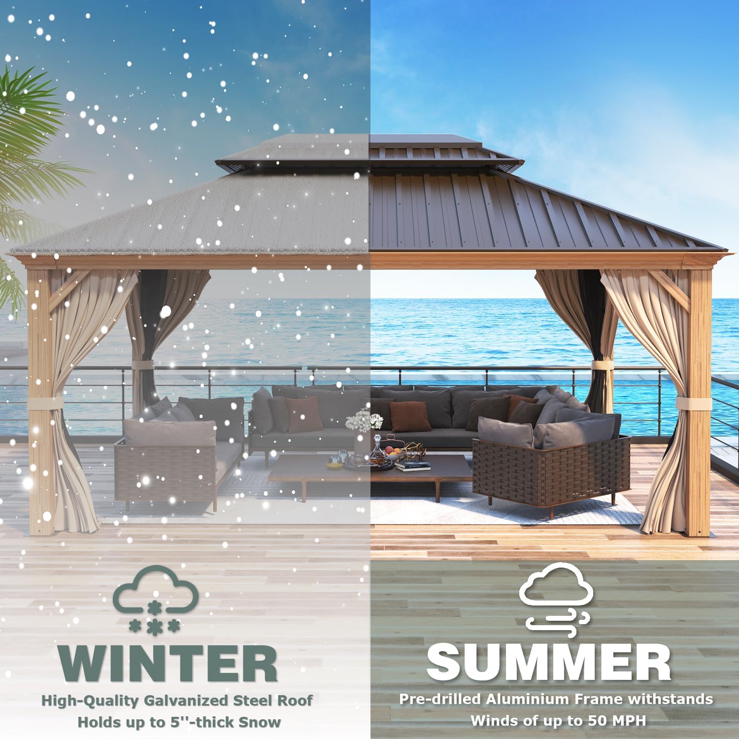 Split image showing the gazebo in winter with snow on the roof and in summer with clear skies, illustrating its weather resistance.
