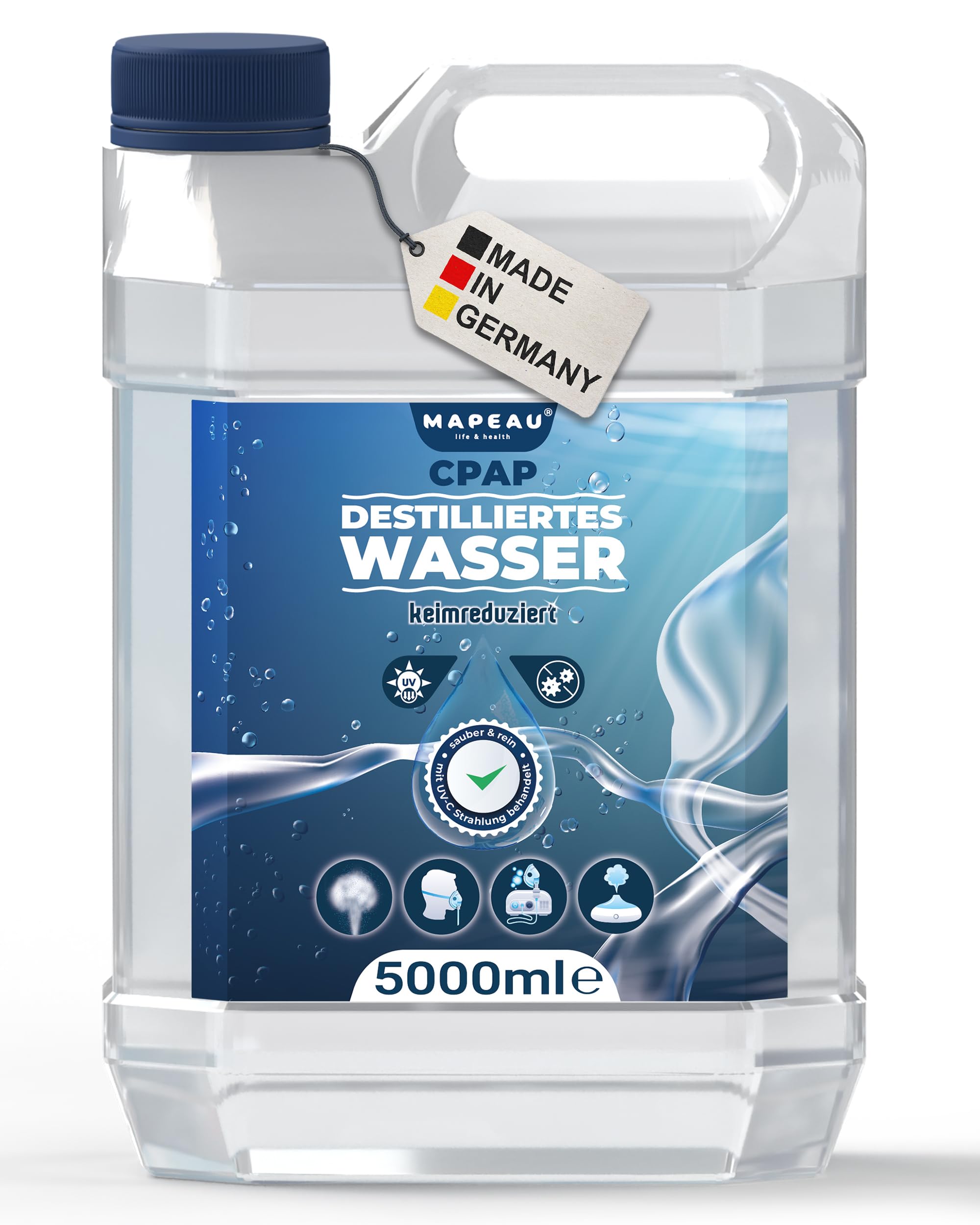 Mapeau 5L Keimreduziertes Wasser für Luftbefeuchter I Sauerstoff-Geräte, Inhalator, destilliertes Wasser für medizinische Zwecke CPAP, 5 Liter Kanister