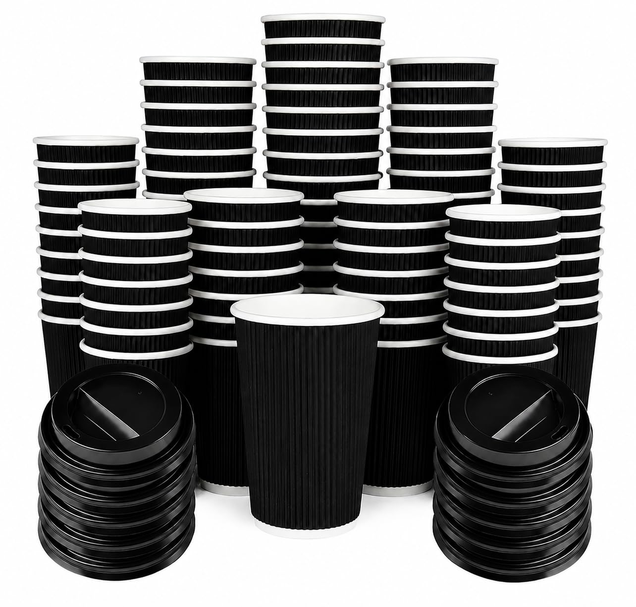 GCM [25 Pack Takeaway Coffee Cups with Lids | Disposable Insulated Triple Wall Ripple Kraft Paper Coffee Cups for Takeaway Coffee, Tea or hot Liquids | Pack of 25 (8 Oz.), Black