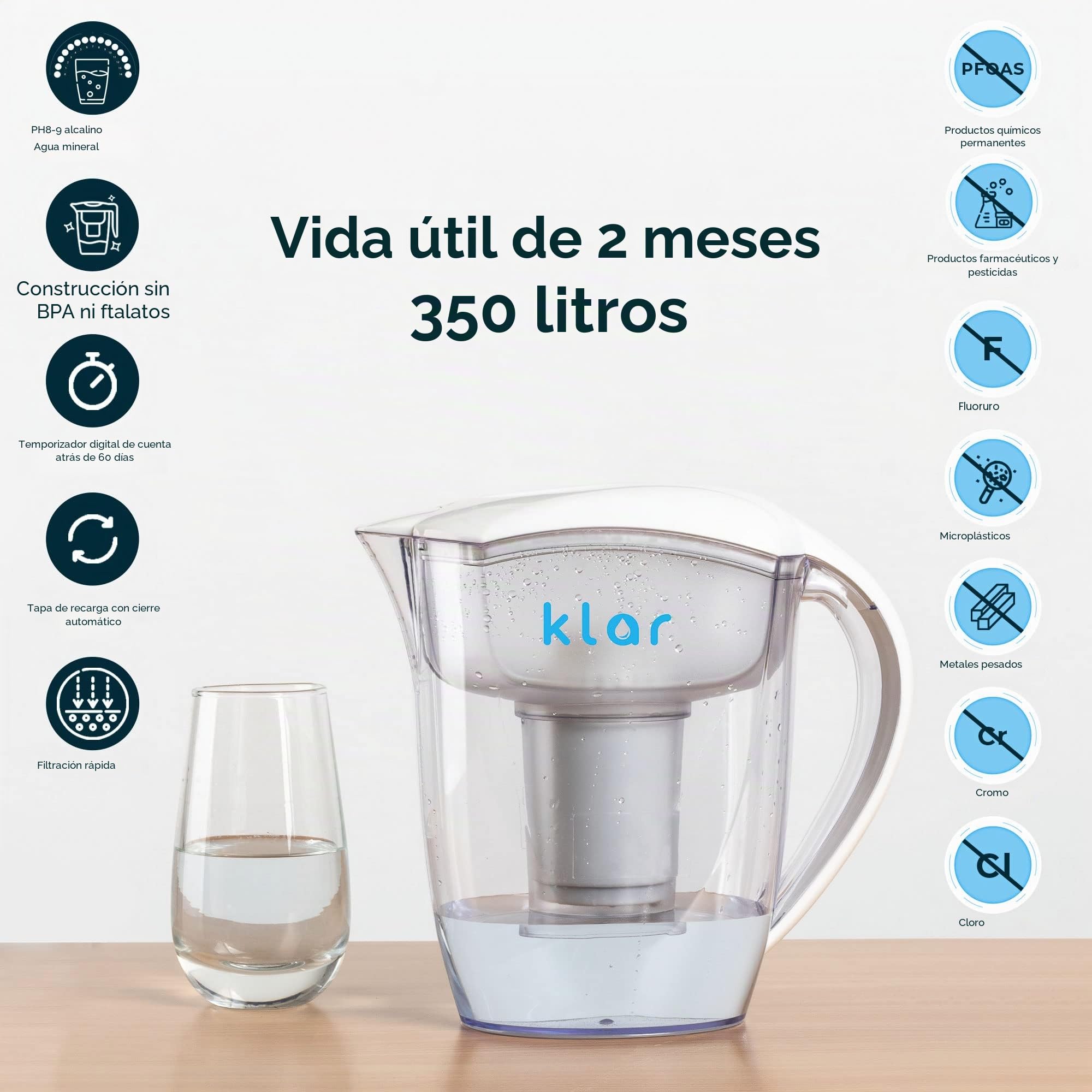 Klar Water Jarra Filtradora de Agua para Eliminar Flúor 3,5 l – Filtro de Agua que Elimina Flúor, PFOA, PFAS, Plomo, Microplásticos – Purificador de Agua con PH Alcalino
