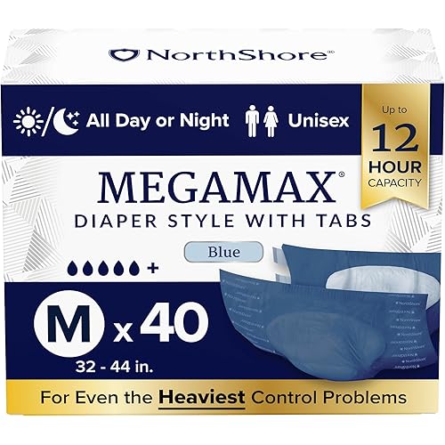 NorthShore MegaMax 12-Hour HBL Adult Diapers for Heavy Bladder Leaks, Medium, 40 Count, Blue, 32-44 inches, Tab-Style Incontinence Underwear for Men, Women & Teens