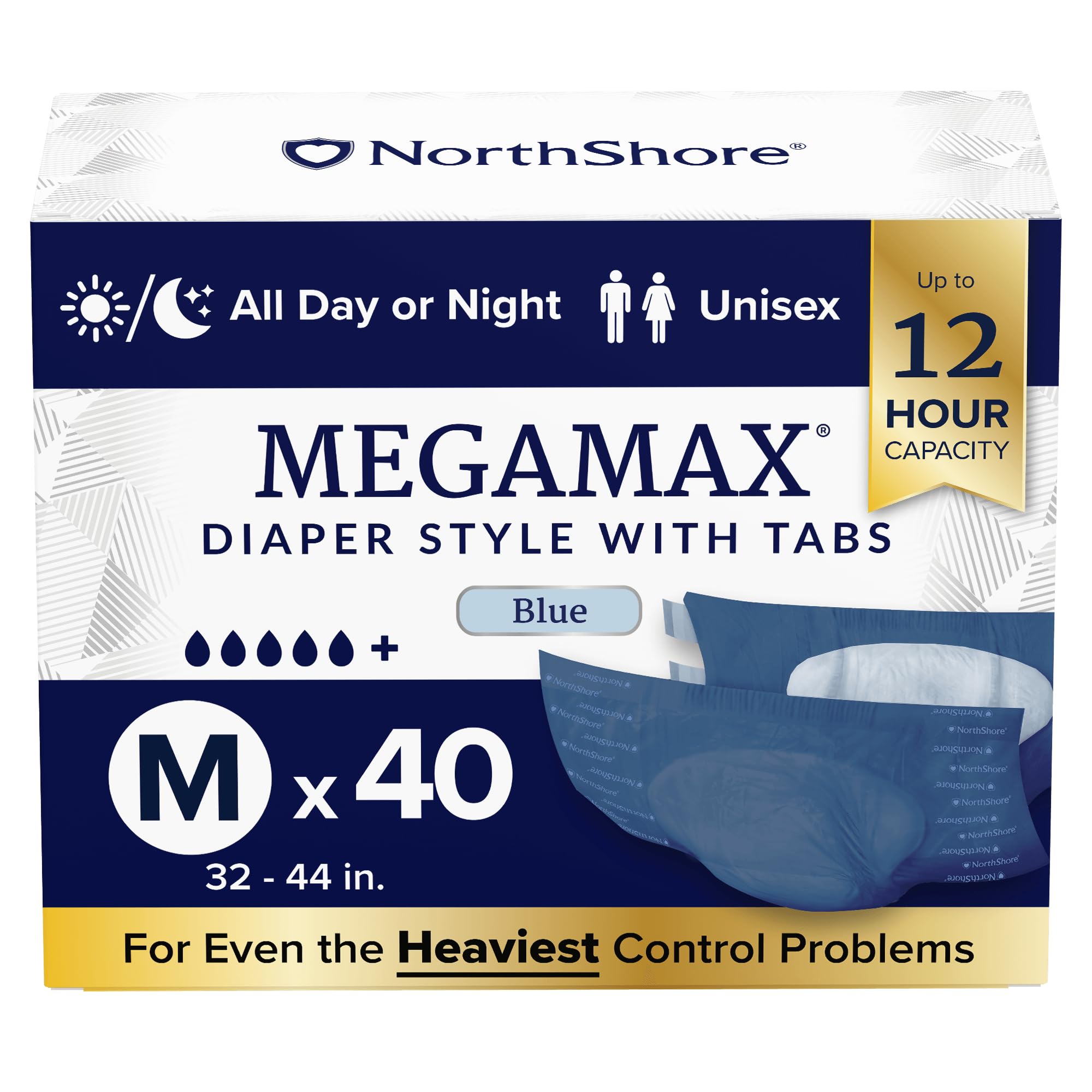 NorthShore MegaMax Adult Overnight Diapers, 12-Hour Tab-Style, Medium, 40 Count Case, Blue, 32-44 inches, Unisex Incontinence Underwear