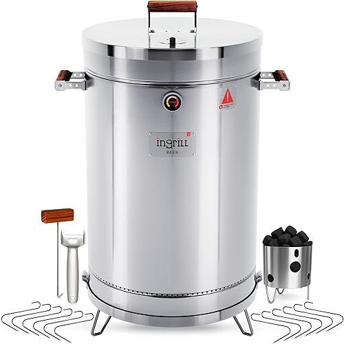 Parrilla de acero inoxidable 3 en 1 Barbacoa portátil de carbón con termómetro, ahumador de cocina al aire libre de 40 libras para campamento,