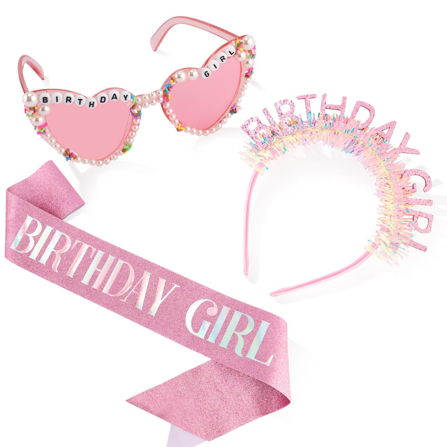 CBMZHF 3PCS Birthday Girl Headband Sash Sunglasses Set, Pink Birthday Accessories for Women Girls Glitter Birthday Crown & Sash Gift Outfit for Party Decorations Fun Glasses
