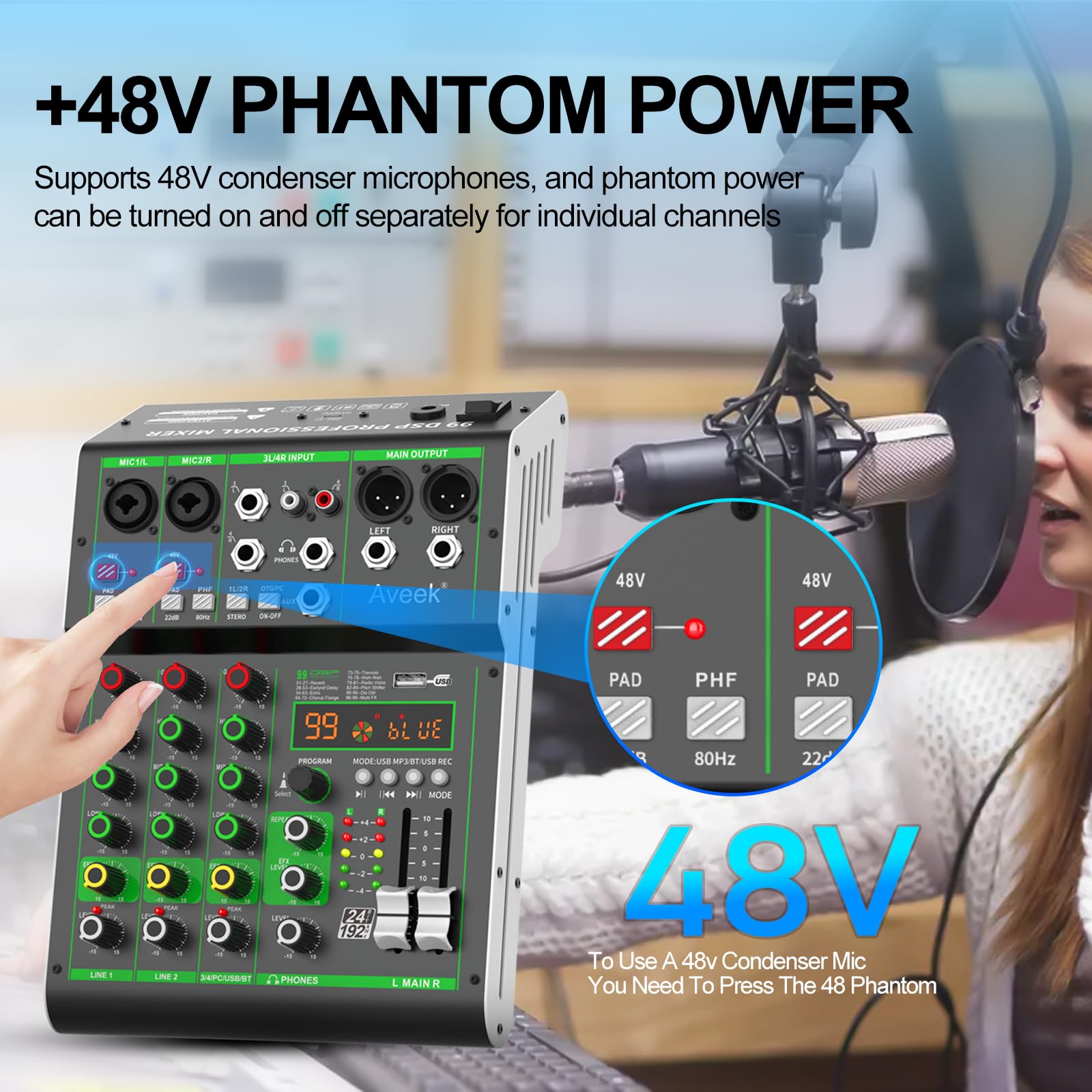 Aveek Audio Mixer,Professional Sound Board Mixing Console with USB Drive/Bluetooth/Computer/4 Channel Stereo Input DJ Mixer,48V Phantom Digital 99 DSP Effect for PC Recording Karaoke Studio Streaming