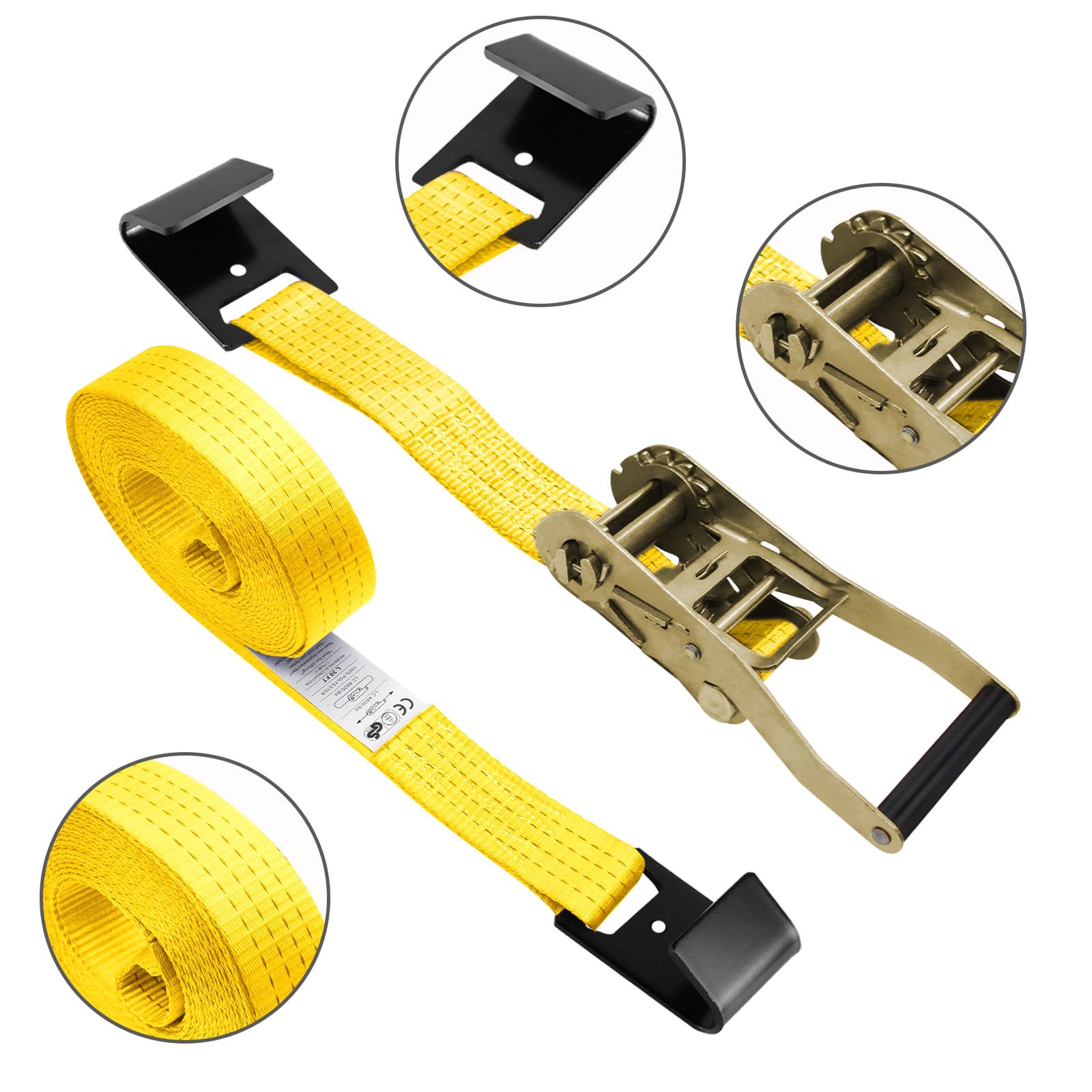 Confezione da 4 cinghie a cricchetto da 5,1 cm e 9,1 m, con gancio piatto, resistenti, per rimorchi, rimorchi, camion, carico di carico 4.535,9 kg, carico di rottura