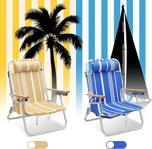 Miniatura 8 de Paquete de 2 sillas de playa de aluminio para adultos con 5 posiciones clásicas, plegables, ligeras, con 2 bolsas de enfriamiento, toallero,