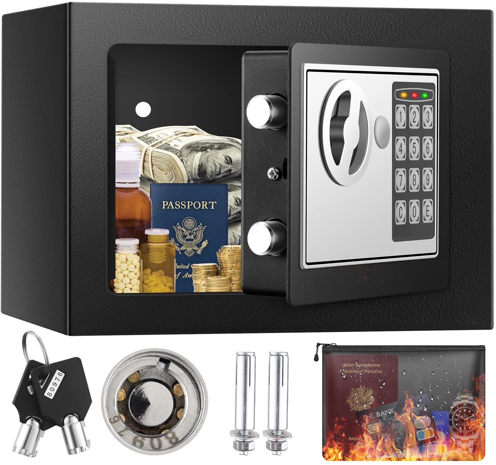 Small Electronic Safe Box with Fireproof Money Bag, Cabinet Security Safe with Digital Keypad and Keys, Hidden Personal Safe for Money, Cash, Jewelry, ID Documents, Medication