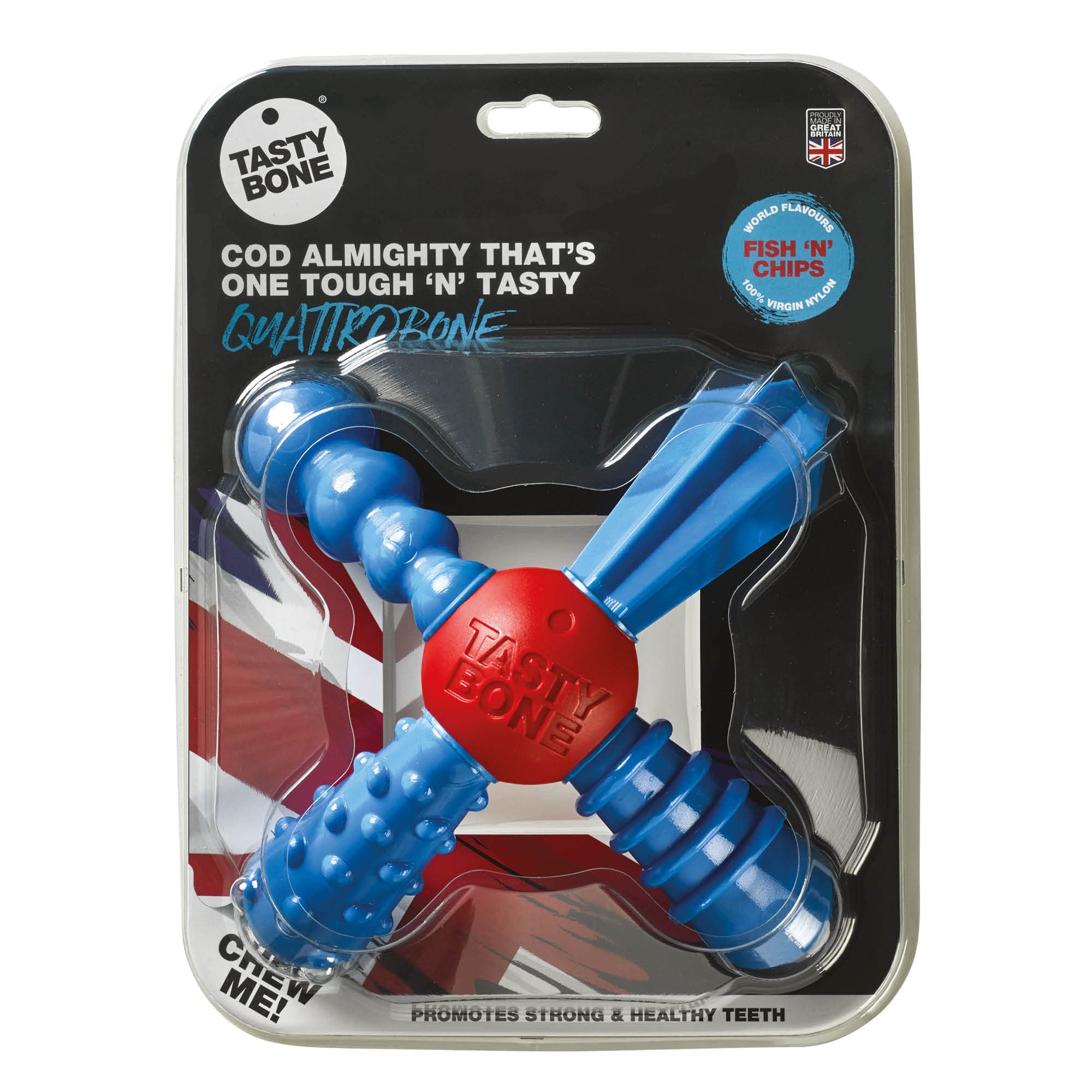TastyBone QuattroBone - Juguete masticable de nailon para perros grandes (pescado y papas fritas), indestructible para masticadores agresivos, sabor eterno, dientes fuertes y saludables, fabricado en