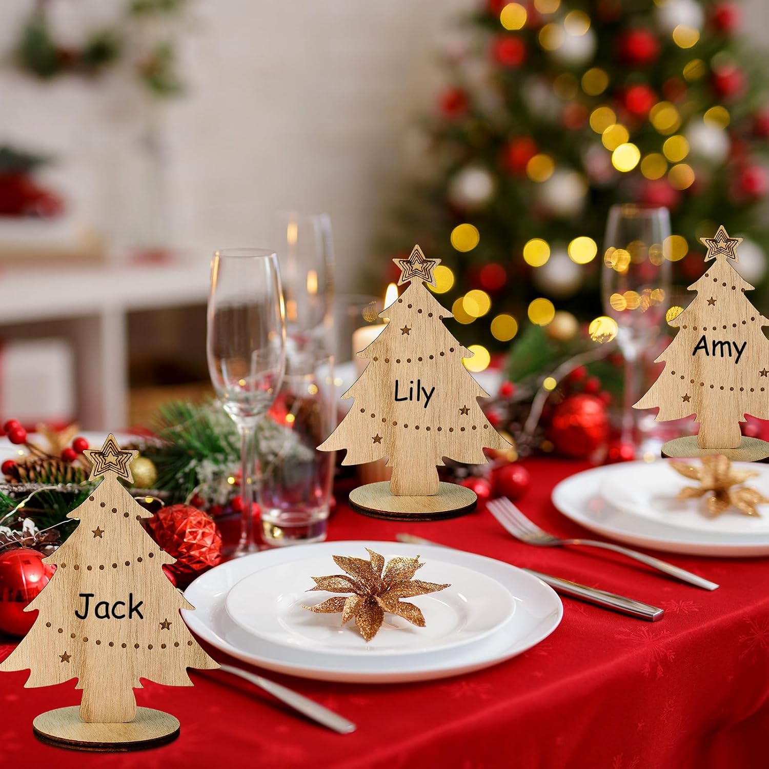 Cholemy 12 Pieces Wooden Christmas Name Place Card Holders for Table Setting Freestanding Holiday Name Cards Xmas Dinner Table Card Holders Decorations Party Supplies(Christmas Tree)