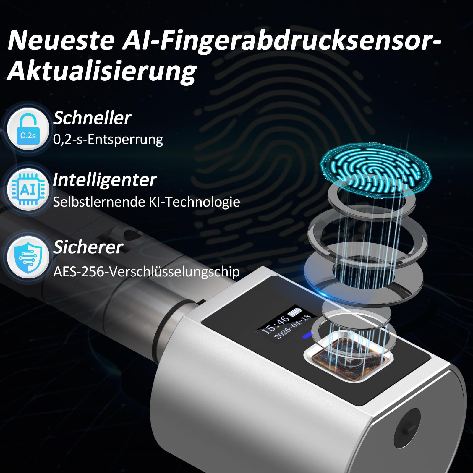 Anweller Smartes Türschloss Fingerabdruck mit Zahlencode, Elektronisches Schließzylinder Haustür mit WLAN-Fernbedienung und Display, inkl. Schlüssel & IC-Karte für 60-130mm Türen