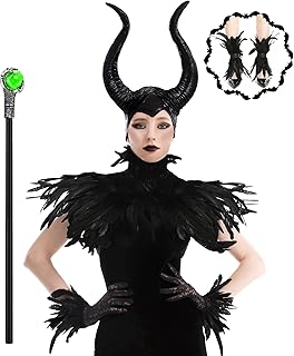 Women's Halloween Maleficent Costume, Gothic Black Crow Darkness Suits with Horn, Staff, Feather Cape Shawl and Long Lace Gloves and Footcovers for Adult Evil Witch Maleficent Queen Cosplay Party - Buy now