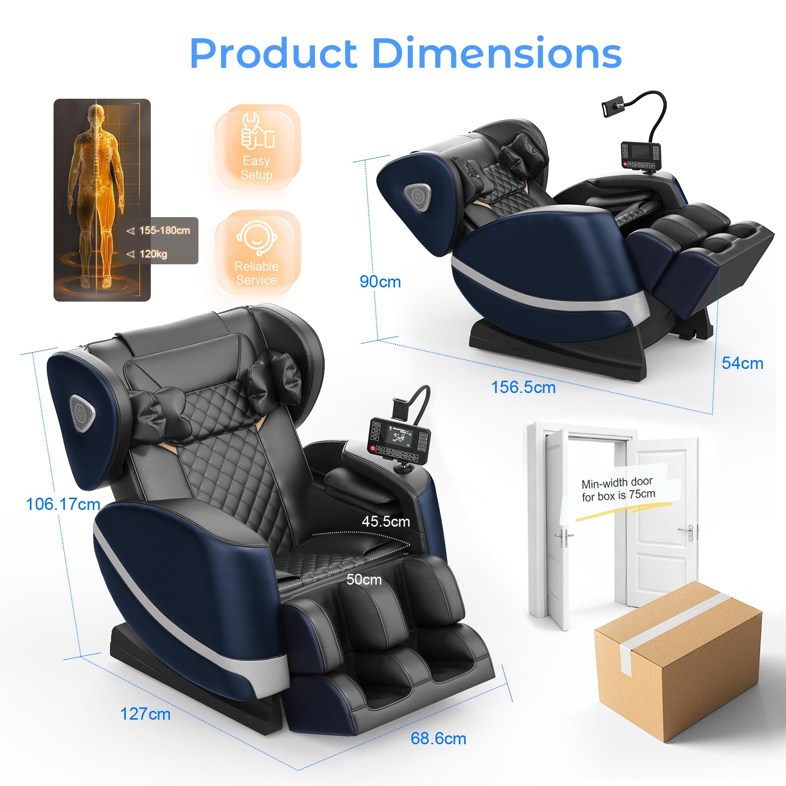 Poltrona Massaggiante per Tutto il Corpo con Rulli e Airbag, Funzione Zero Gravity, Altoparlanti Bluetooth e Touchscreen, Funzione Riscaldante per Vita e Gambe, con Massaggio Plantare (Blu + Grigio)