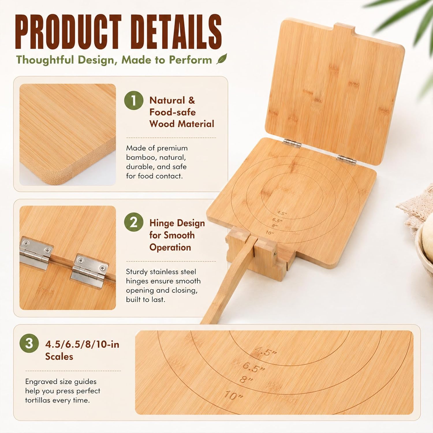 SHENLIU 10" Square Bamboo Tortilla Press with 60 Parchment Papers & Scraper