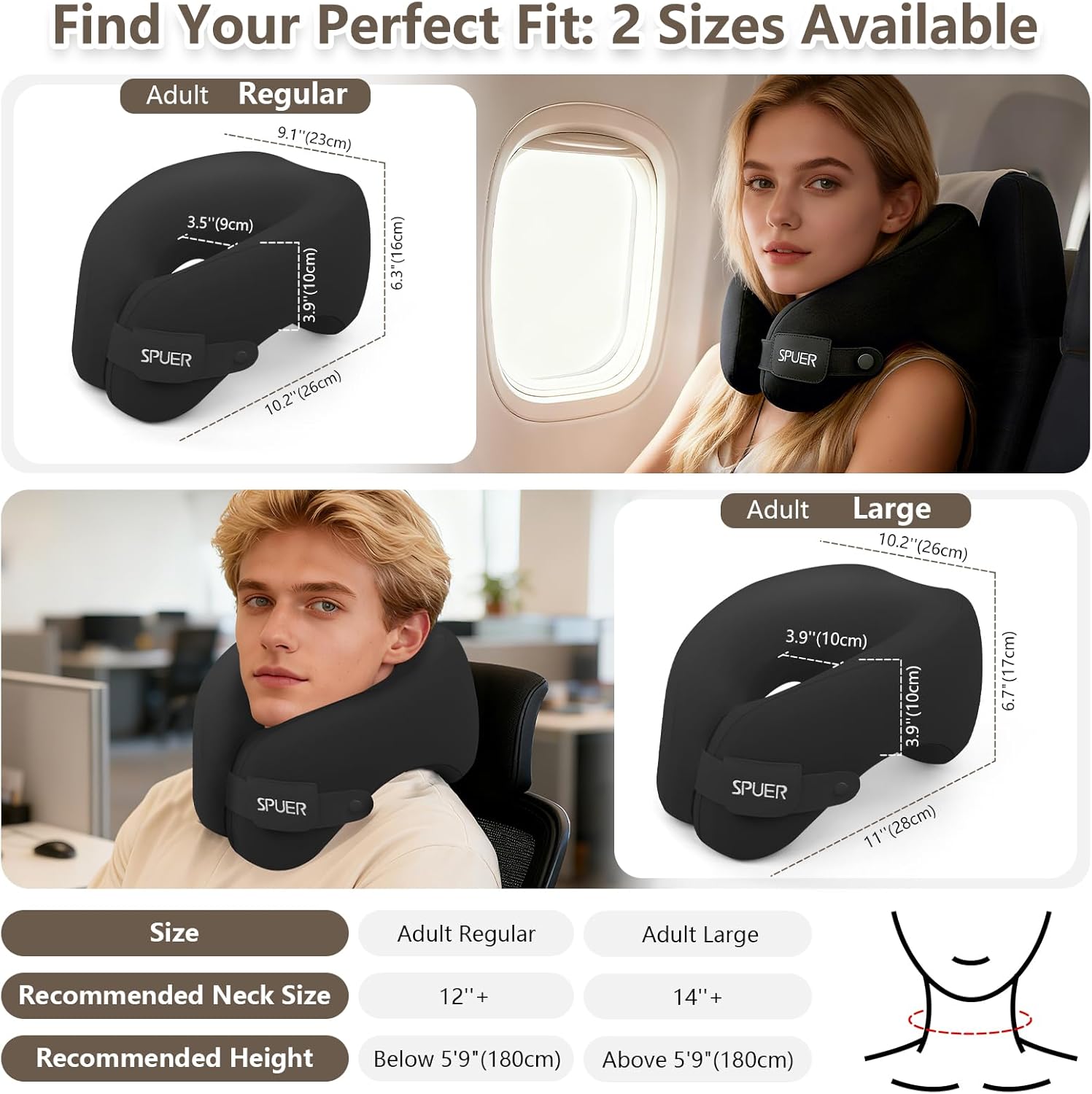 2in1 Ergonomic Memory Foam Travel Neck Pillow – 2025 Upgrade Travel Pillow for All Sleep Positions on Flights, Road Trips, and Long Distance Travel with Drawstring Bag (Adjustable - Black) Medium Size