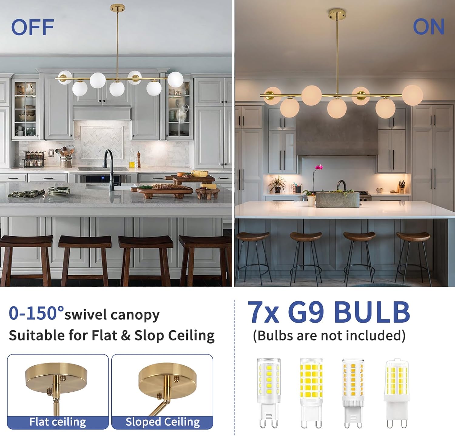 Brass Modern Linear Chandelier for Dining Room, 7-Light Adjustable Dimmable Ceiling Light Fixture with Glass Globes for Kitchen Island, Living Room, Bedroom, Foyer - Mid Century Modern Gold Lighting