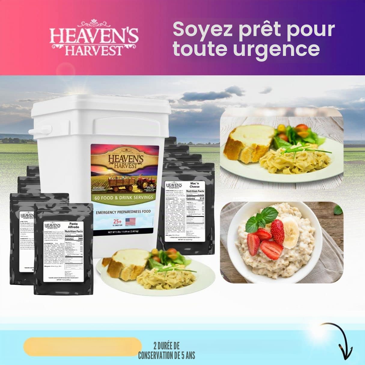 Heaven's Harvest Kit d'approvisionnement alimentaire d'urgence (60 portions de nourriture et de boissons) - Kit de survie 100 % lyophilisé avec une durée de conservation de 25 ans. Aliment non