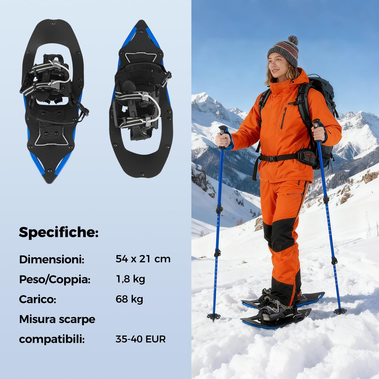 COSTWAY Ciaspole da Neve 54/63 cm, Racchette da Neve con Bastoncini da Trekking, Legacci Regolabili Imbottiti in EVA con Chiusura a Tiraggio Singolo e Sollevatore per il Tallone