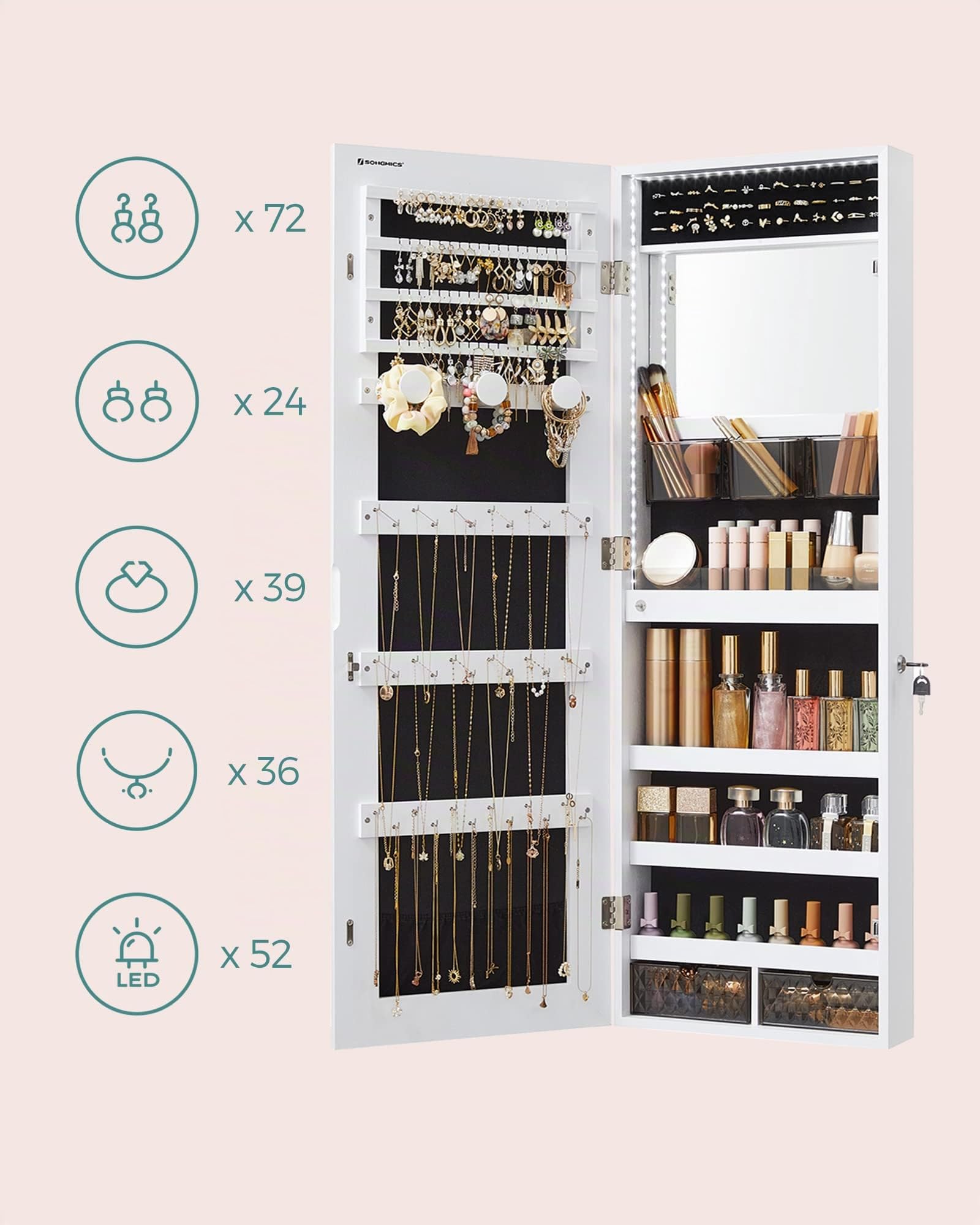 SONGMICS Armoire à Bijoux Murale, Organisateur avec Lumières LED, Placard de Rangement, avec Miroir sans Cadre, Miroir de Maquillage Intégré, 2 Tiroirs, Verrouillable, Blanc JJC013W01