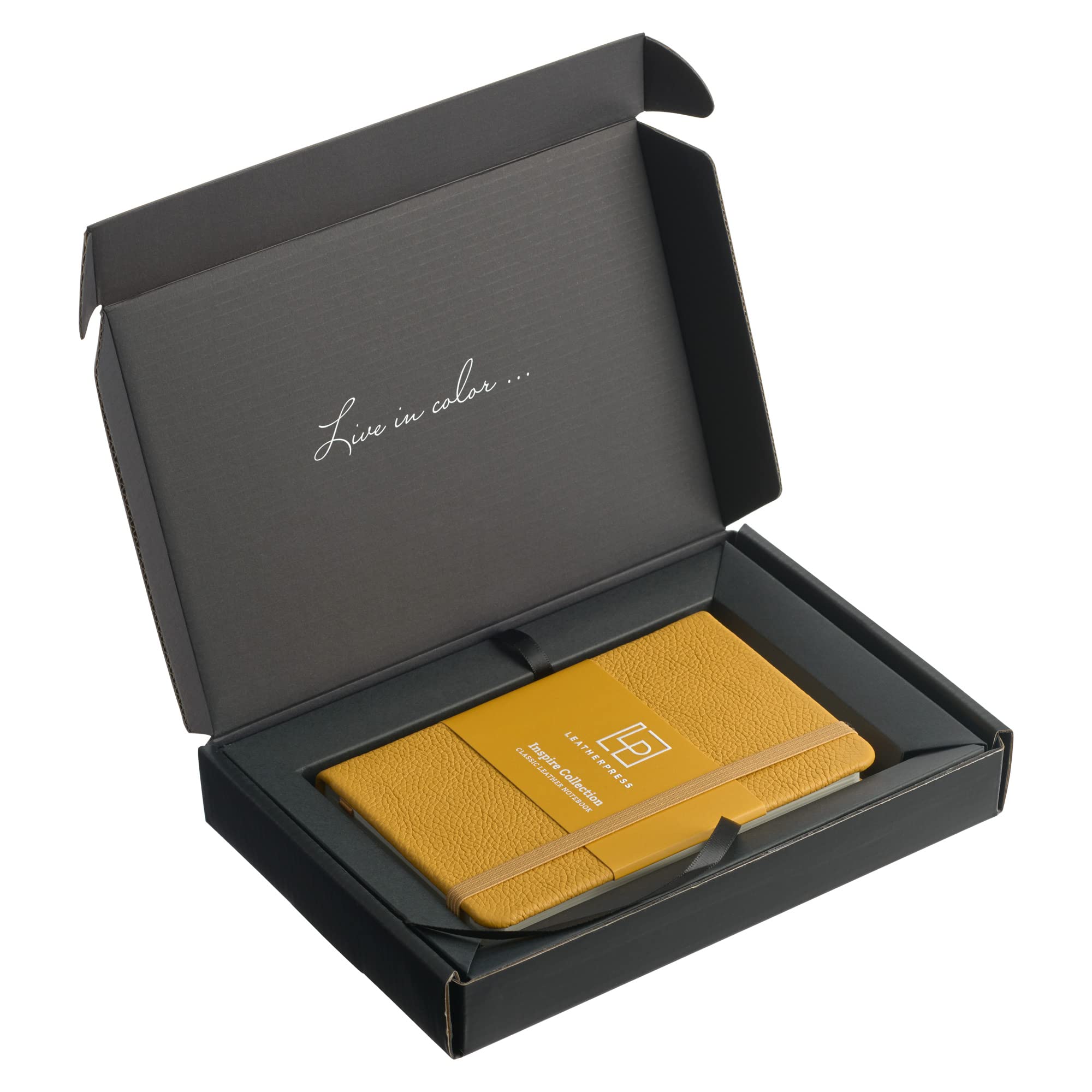 Journal classique en cuir, couverture rigide, jaune beurre, grand (13,7 x 21,3 cm), 240 pages lignées, collection Inspire